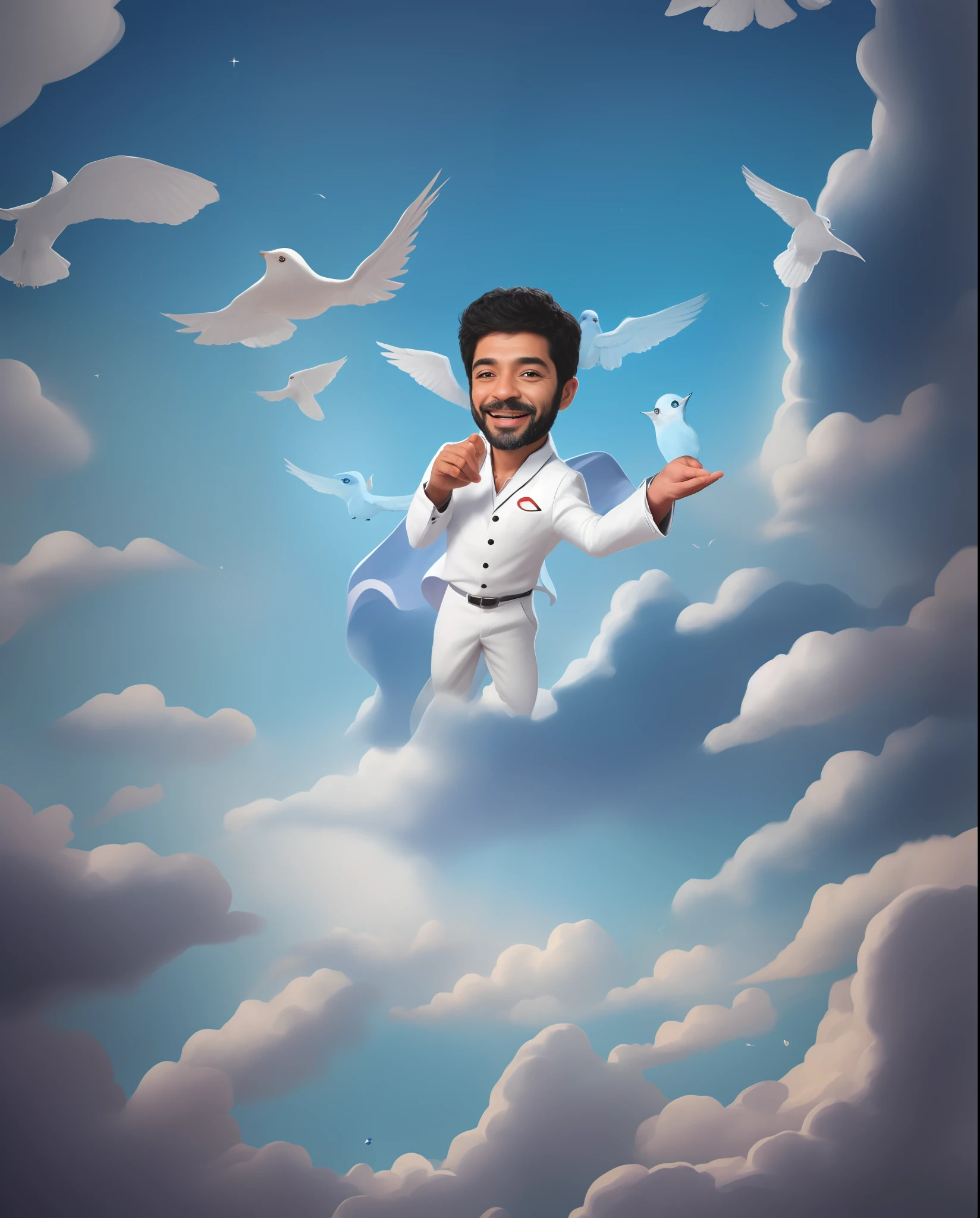 There is a man who is flying in the sky with a bird, Sr. Design de personagens Nimbus, Smiling in the sky, Directed by: Ludovit Fulla, Directed by: Ahmed Karahisari, background is celestial, Fanart, official fan art, epic digital art illustration, heaven!!!!!!!!, Epic portrait illustration, Fanart oficial, retrato de fantasia digital, Retrato de um Deus Celestial, heaven background