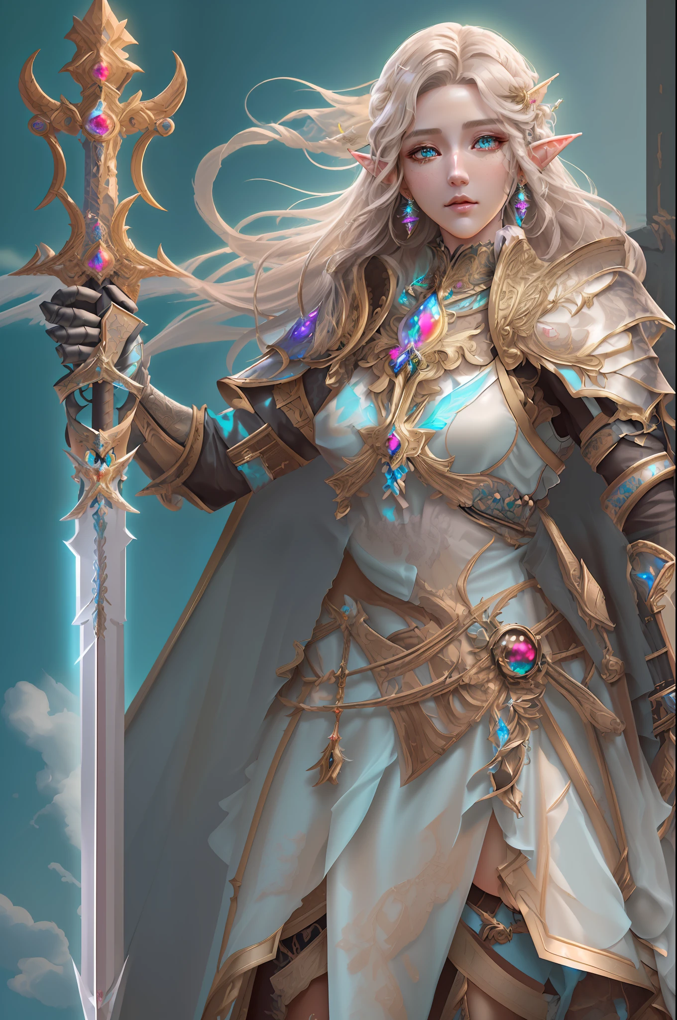 8k, ultra detailed, masterpiece, best quality, (extremely detailed), dynamic angle, anatomically correct  a picture of an elf knight ridong her epic giant eagle (best details, Masterpiece, best quality: 1.5), female elf  (best details, Masterpiece, best quality: 1.5), gold hair, long hair, wavy hair, small pointed ears, wearing heavy elven armor (best details, Masterpiece, best quality: 1.5), shinning metal, armed with elven sword fantasysword sword (best details, Masterpiece, best quality: 1.5), blue skies background and some clouds background