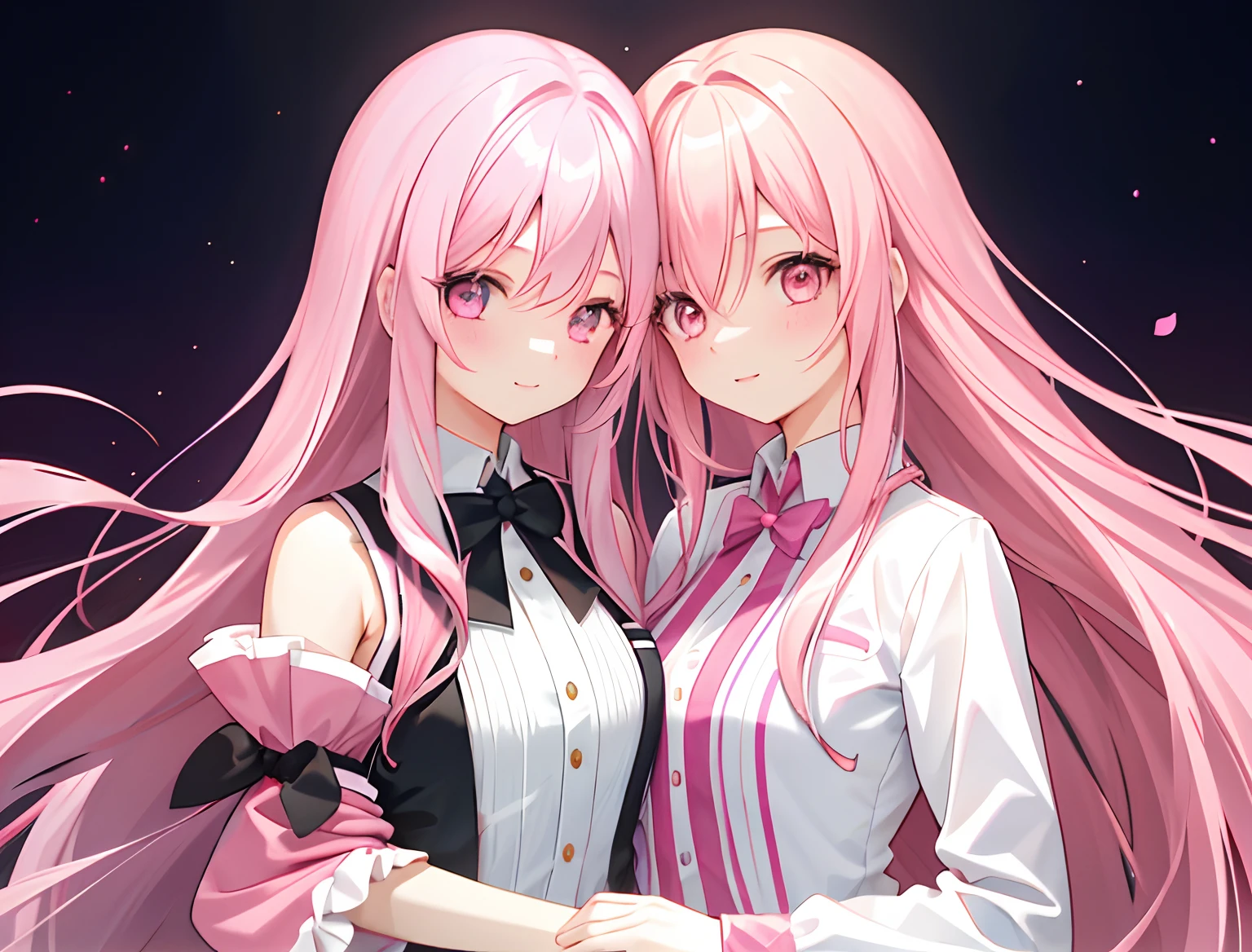 2girls,Girl1:,adolable,A pink-haired,long whitr hair,girl 2:A pink-haired,long whitr hair,Touch each other's chests