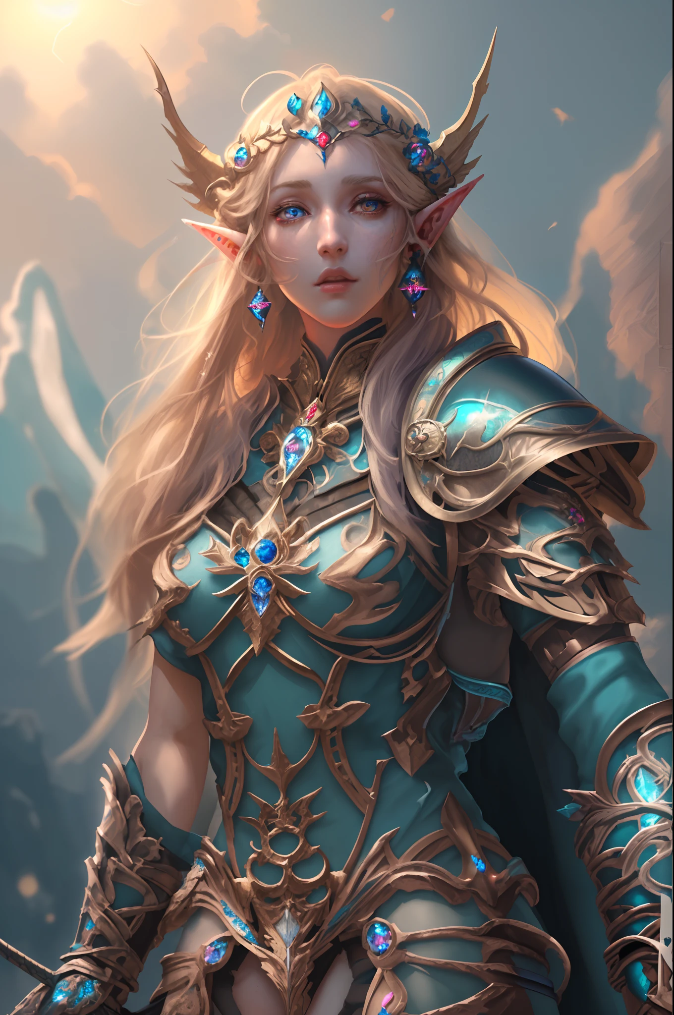 8k, ultra detailed, masterpiece, best quality, (extremely detailed), dynamic angle, anatomically correct  a picture of an elf knight with her epic mount [eagle] (best details, Masterpiece, best quality: 1.5), female elf  (best details, Masterpiece, best quality: 1.5), gold hair, long hair, wavy hair, small pointed ears, wearing heavy elven armor LnF  (best details, Masterpiece, best quality: 1.5), shinning metal, armed with elven sword fantasysword sword (best details, Masterpiece, best quality: 1.5), blue skies background and some clouds background, sun light, backlight