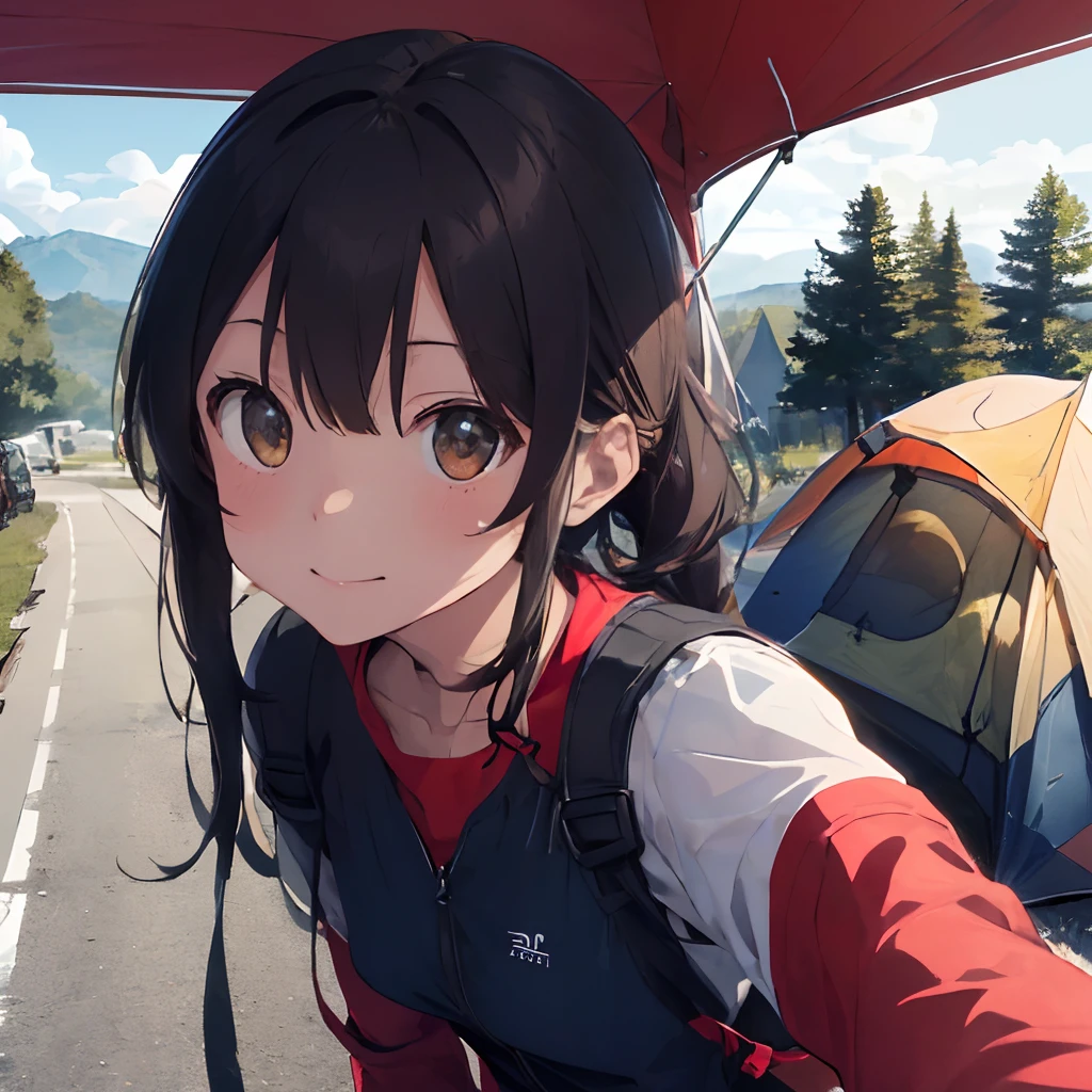 ​masterpiece、top-quality、ultra-detailliert、illustratio、女の子 1 人、独奏、plein air、Yellow outerwear、Black pants、Big tent、Close up of faces stacked next to each other、portlate(((Camping alone)))、(((Blue 2 Person Tent、Red Road Bike)))、((Yellow outerwear、Black pants))、facial close-up、portlate((Riding a red road bike))、ssmile、Tent on background、Road bike visible in the center