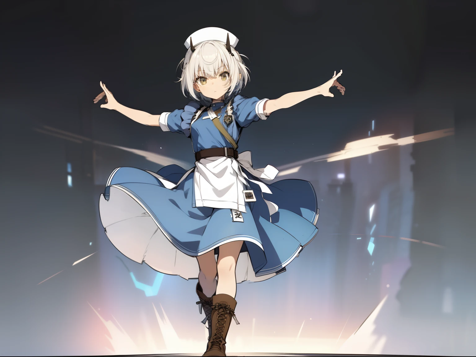 (Himlosena,11 years old,sketch,Highkick:1.2),anime colours,Flat color,,White hair, Short hair, gloves, Blue Dress, Apron, Nurse Cap, arm band, Horns,Dynamic Pose,Brown boots