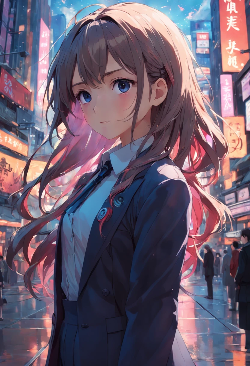 best quality,masterpiece,photorealistic,extremely detailed CG unity 8k wallpaper,1girl,suit,upper body,looking at the viewer,outdoors,