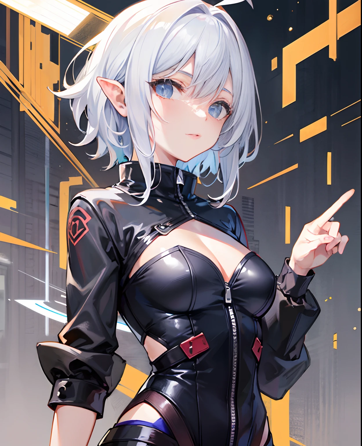 machine girl, Short white hair and pointed ears