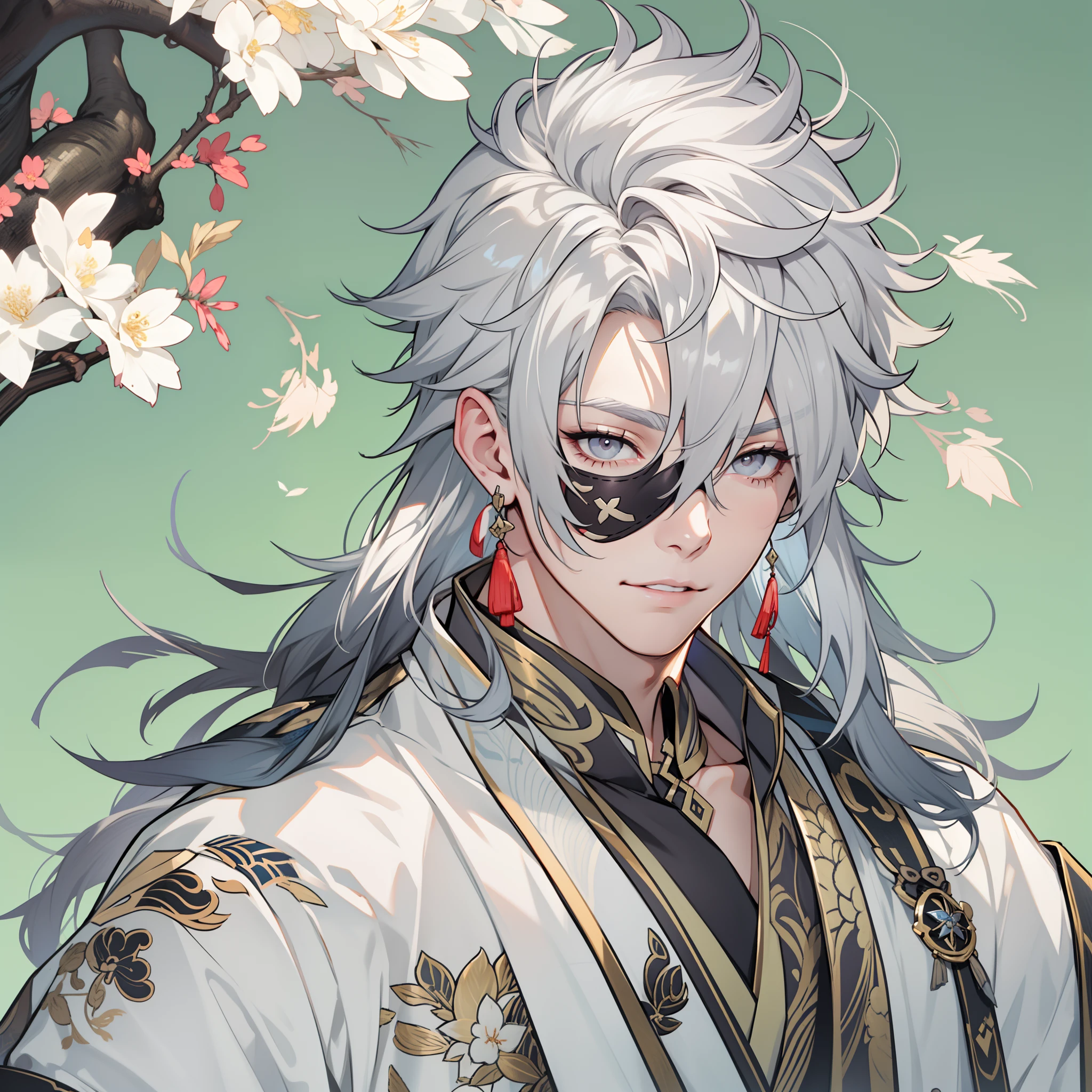 Handsome male. 6 ft 5 tall man. White hair. Short hair. Grey eyes. Eyepatch. Earrings. Toned body. Muscular male. Traditional chinese clothes. Genshin Impact. Wears eyepatch. Hydro vision.