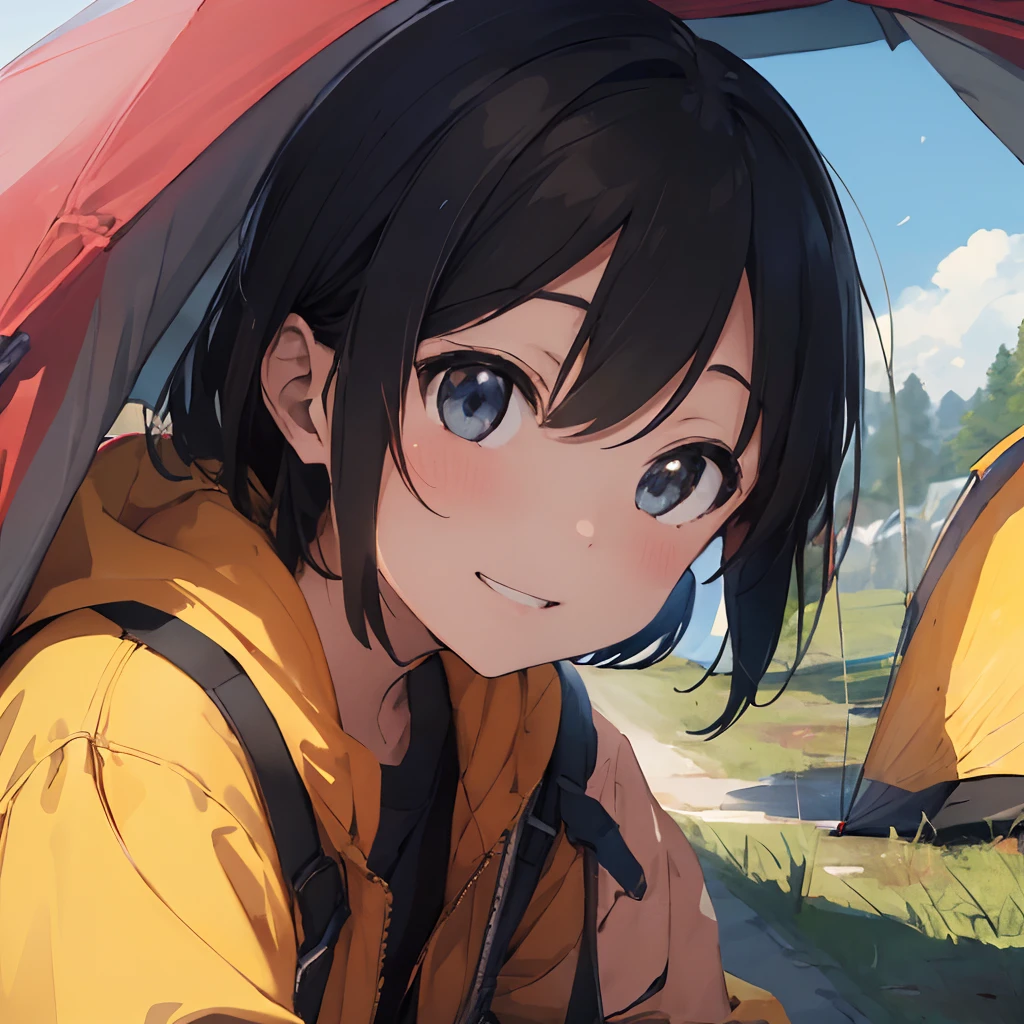 ​masterpiece、top-quality、ultra-detailliert、illustratio、女の子 1 人、独奏、plein air、Yellow outerwear、Black pants、Big tent、Close up of faces stacked next to each other、portlate(((Camping alone)))、(((Blue 2 Person Tent、Red Road Bike)))、((Yellow outerwear、Black pants))、facial close-up、portlate((Riding a red road bike))、ssmile、Tent on background、Road bike visible in the center