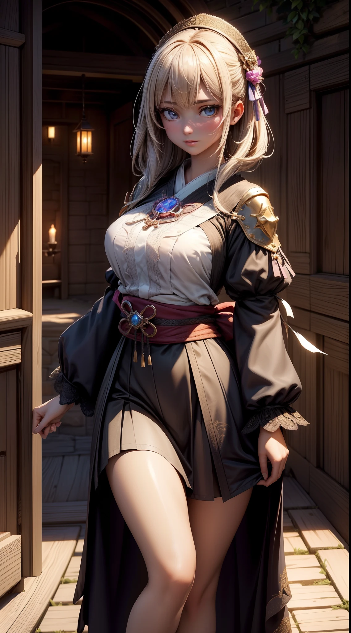 peasant girl, 1girl, perfect and well designed eyes, (beautiful detailed eyes:1.05), natural breasts, slim body, beautiful and delicate face, (face detail), pores, realistic face, fair skin, detailed skin, real skin, realistic skin, medium length hair, hair voluminous, super high resolution, 8k, parameters Best quality, (beautiful:1.05), (masterpiece:1.4), (magic accessories:1.4), extremely detailed {{{silk|feathers}|latex}|lacy} {{shirt|cloth|kimono}|{skirt|dress}}, neckline, ultra detailed, photorealistic, (best quality:1.4), super high resolution, (Realistic 1.4), More details, Real image, (portrait, full body), (((1girl))), (witchcraft:1.1), magic energy flows and sparkles, ((castle, stronghold) city, hills, village), (beautiful and aesthetic:1.2), (fractal art:1.4), (cinematic light:1.1), 16K, HDR, RTX, Ray Tracing, Radiosity, Anisotropic Filtering, Subsurface Scattering, metallic reflections, vibrant colors