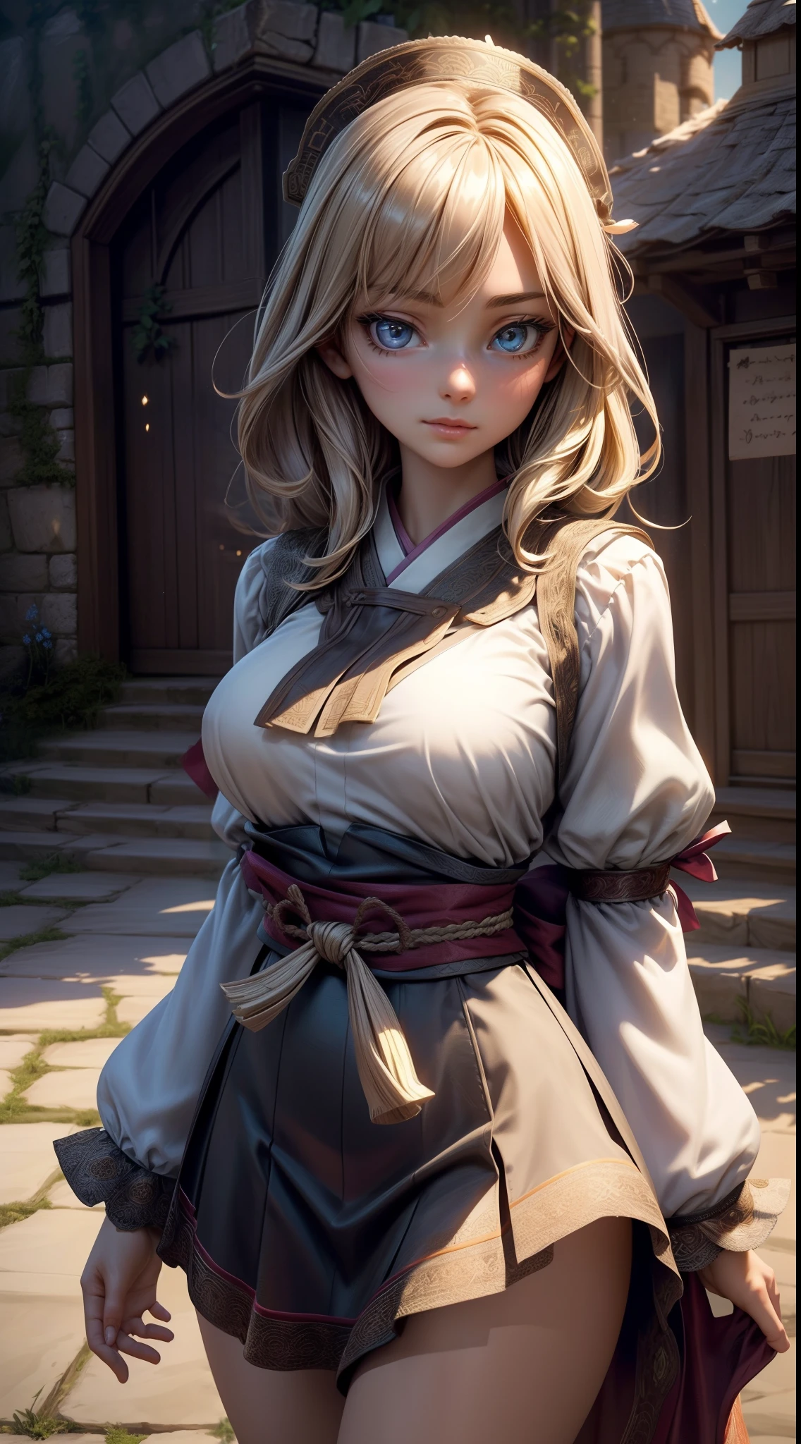 peasant girl, 1girl, perfect and well designed eyes, (beautiful detailed eyes:1.05), natural breasts, slim body, beautiful and delicate face, (face detail), pores, realistic face, fair skin, detailed skin, real skin, realistic skin, medium length hair, hair voluminous, super high resolution, 8k, parameters Best quality, (beautiful:1.05), (masterpiece:1.4), (magic accessories:1.4), extremely detailed {{{silk|feathers}|latex}|lacy} {{shirt|cloth|kimono}|{skirt|dress}}, neckline, ultra detailed, photorealistic, (best quality:1.4), super high resolution, (Realistic 1.4), More details, Real image, (portrait, full body), (((1girl))), (witchcraft:1.1), magic energy flows and sparkles, ((castle, stronghold) city, hills, village), (beautiful and aesthetic:1.2), (fractal art:1.4), (cinematic light:1.1), 16K, HDR, RTX, Ray Tracing, Radiosity, Anisotropic Filtering, Subsurface Scattering, metallic reflections, vibrant colors