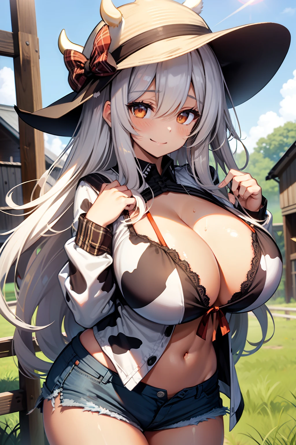 best quality, expressive eyes, perfect face, cow girl, cow girl hat, micro shorts, plaid shirt, skimpy, cow ears, cow tail, provocative, attractive, seductive, sexy, farm, town, black long hair, huge breasts, orange eyes, embarassed, happy, soft smile, smile, sun tan,