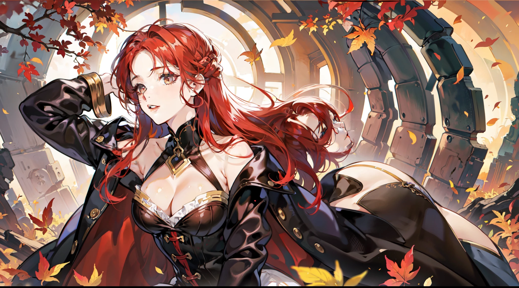 A woman with vibrant red hair and a confident demeanor stands before a backdrop of swirling autumn leaves. Her red hair cascades down her shoulders, catching the sunlight and creating a mesmerizing play of color. She possesses a sense of strength and elegance, as her gaze meets the viewer's with an alluring confidence. Her ample bosom is elegantly portrayed, accentuating her curves in a tasteful and empowering manner. The environment exudes a blend of autumnal warmth and mystery, making her the focal point while celebrating her individuality. This artwork is executed in a detailed illustrative style, capturing the intricate details of her hair, expression, and the surrounding leaves with meticulous precision, --ar 16:9 --v 5