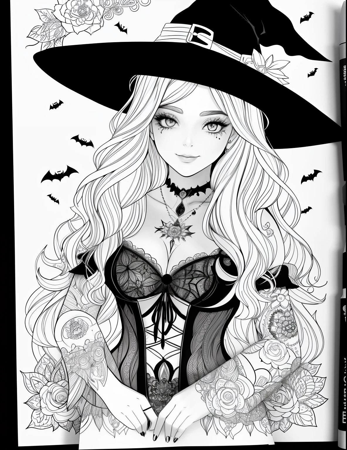 A coloring page with a girl and a cat in a Halloween scene, beautiful witch spooky female, line art colouring page, Retrato de uma jovem bruxa, Bruxa bonita com cabelo longo, black and white coloring, beautiful witch female, coloring book outline, Retrato de uma jovem bruxa, bruxa feminina bonita, clean coloring book page, bela arte de linha, arte vetorial em preto e branco
