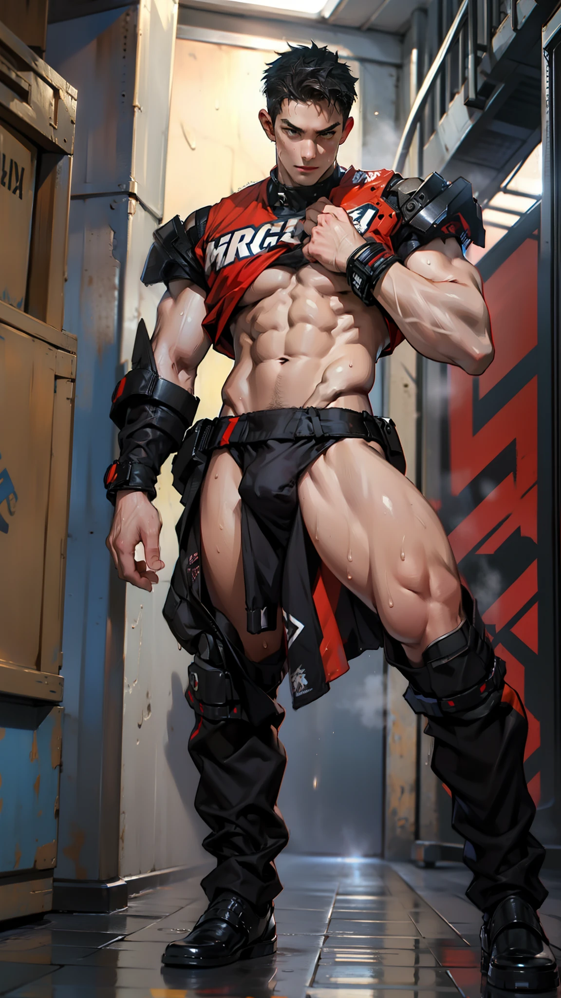 A tall muscular boy , Naked , Legs spread , （The whole body of the character），impact , Sweaty , Wet , Seductive , Bigboobs , large bulge , big balls ,, From the knees , big assa，mechs，punky style