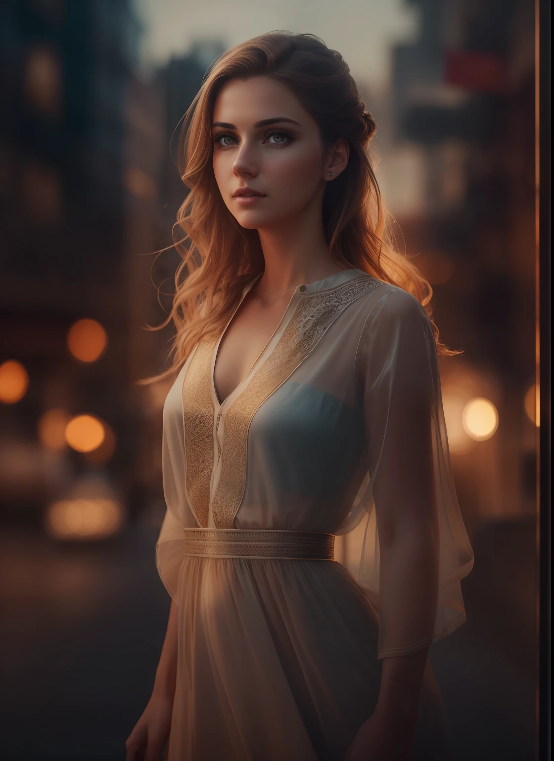 portrait photography, beautiful young woman with transparent western tunic dress, eyes visible through hair, proper eye position, natural skin, backlight, cinematic light, rim light, soft light , hips, in night time, city side background, detailed color graded background, intricate , highly detail, octane render, HD, 8k, by Annie Leibovitz