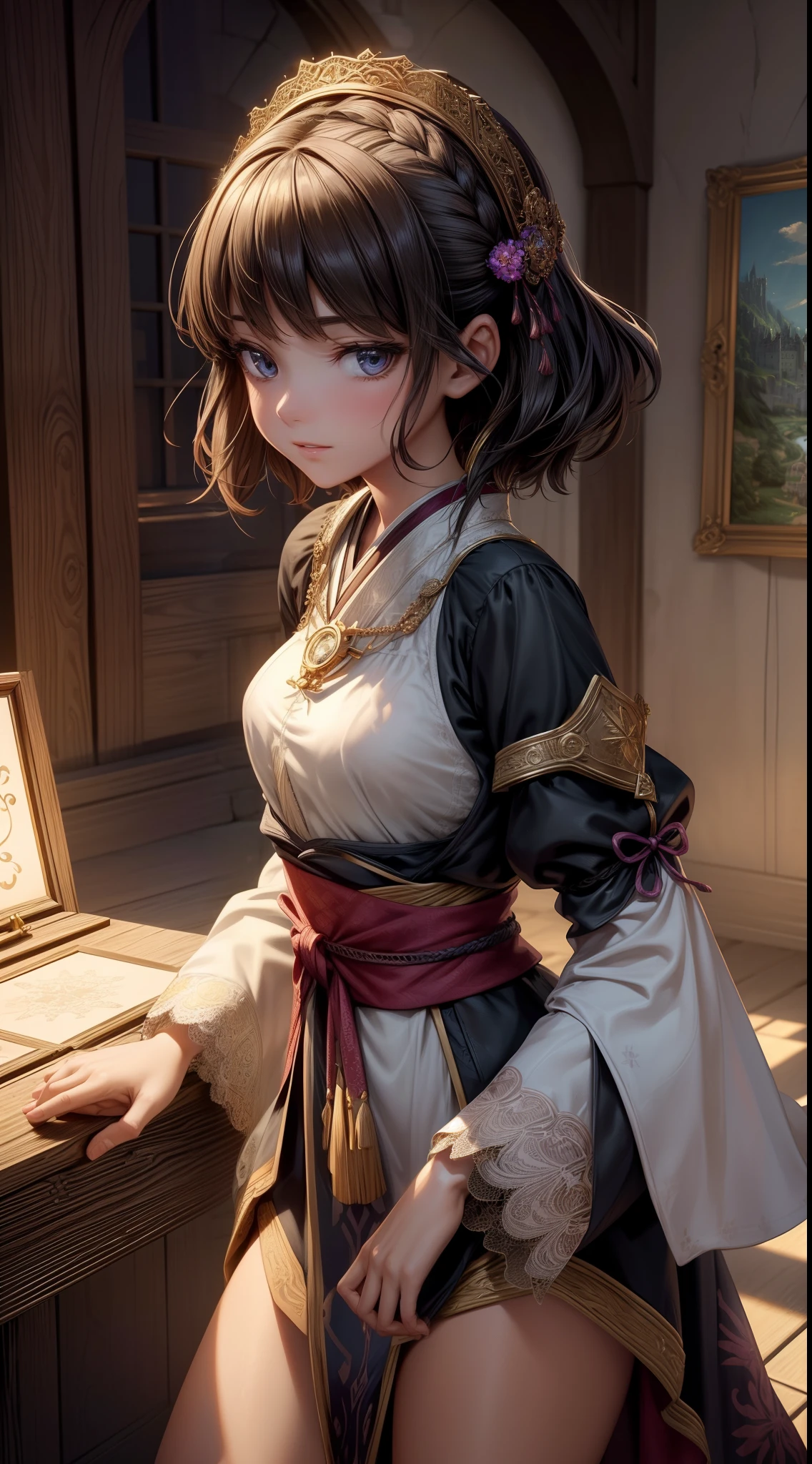 peasant girl, 1girl, perfect and well designed eyes, (beautiful detailed eyes:1.05), natural breasts, slim body, beautiful and delicate face, (face detail), pores, realistic face, fair skin, detailed skin, real skin, realistic skin, medium length hair, hair voluminous, super high resolution, 8k, parameters Best quality, (beautiful:1.05), (masterpiece:1.4), (magic accessories:1.4), extremely detailed {{{silk|feathers}|latex}|lacy} {{shirt|cloth|kimono}|{skirt|dress}}, neckline, ultra detailed, photorealistic, (best quality:1.4), super high resolution, (Realistic 1.4), More details, Real image, (portrait, full body), (((1girl))), (witchcraft:1.1), magic energy flows and sparkles, ((castle, stronghold) city, hills, village), (beautiful and aesthetic:1.2), (fractal art:1.4), (cinematic light:1.1), 16K, HDR, RTX, Ray Tracing, Radiosity, Anisotropic Filtering, Subsurface Scattering, metallic reflections, vibrant colors