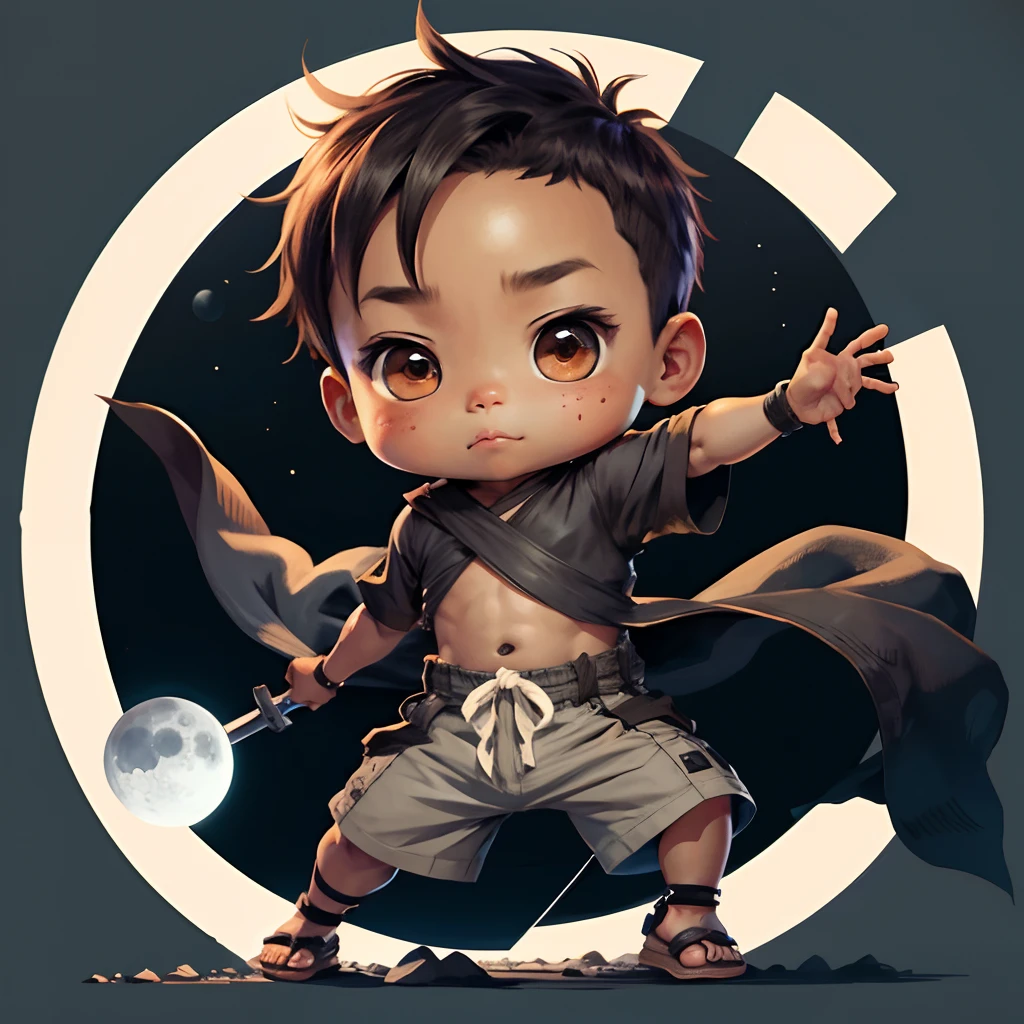 Cute chibi baby boy anime, dark brown skinned, grey ninja clothes, wear sandals, freckle face, moon