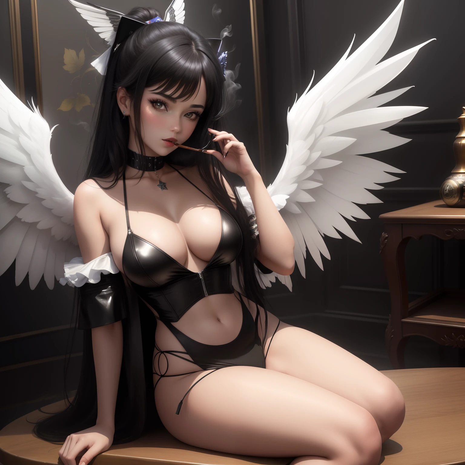 masterpiece, highres, best quality, 1girl solo, masterpiece, best quality), 1girl, wings, fallen angel, black hair, smoking, cigar, sitting, detail, detail eyes, hd, super hd, highres, ultra highres, 8k, ultra detail, sitting on a table, sharp looking at viewer, highly detail, white wings, cool girl, 18 years old,