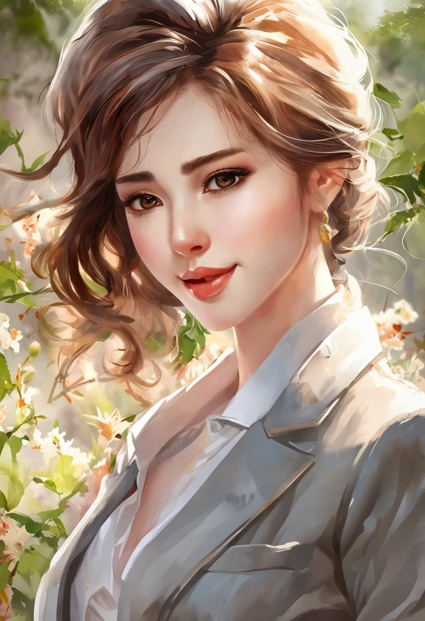 best quality,masterpiece,photorealistic,extremely detailed CG unity 8k wallpaper,1girl,suit,upper body,looking at the viewer,outdoors,