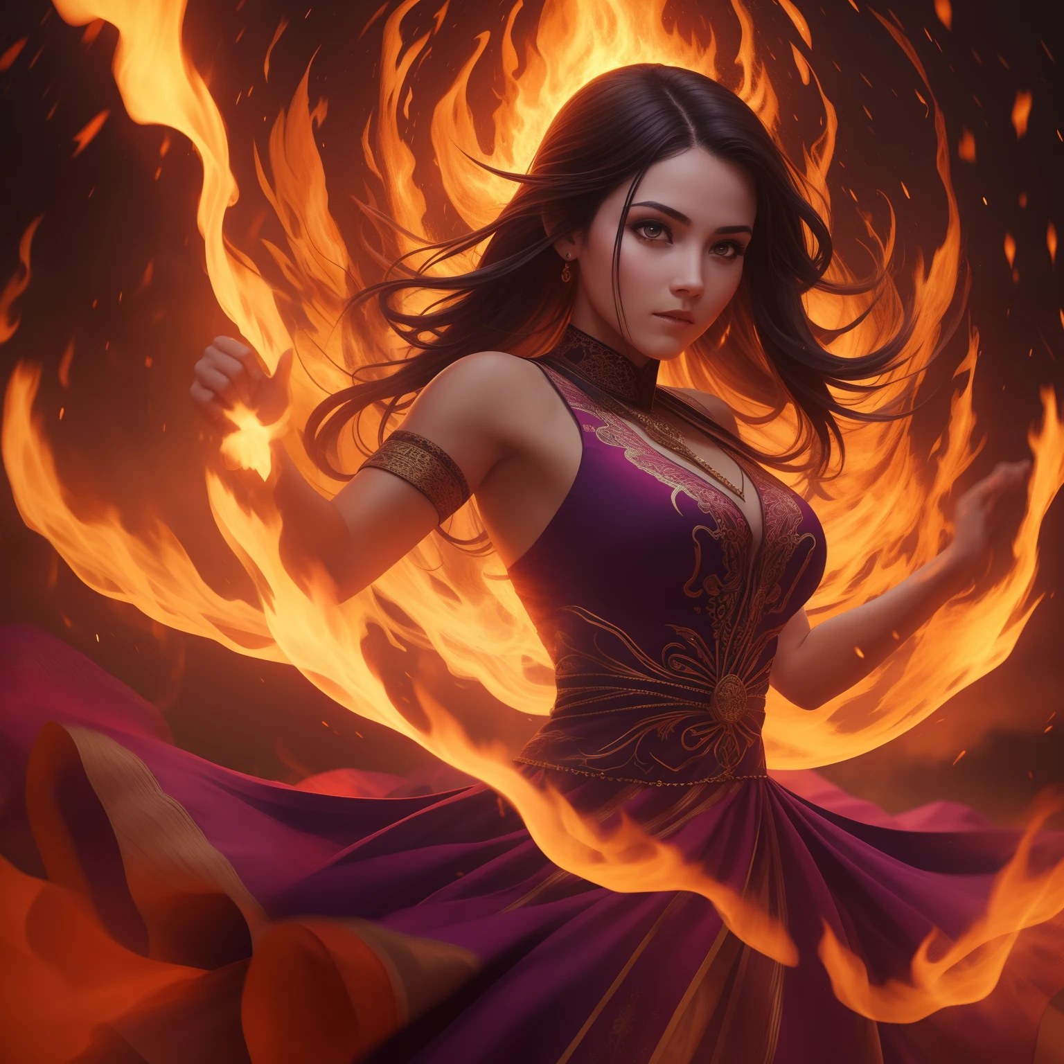 Demonic girl dancing with fire, rosto perfeito, cabelos pretos, Lampejos de fogo, lightnings, Noite, Chamas Furiosas, Subindo, long flowing embroidered dress, dynamic lighting, High detail, Antecedentes complexos, Clareza. 4k de alta qualidade