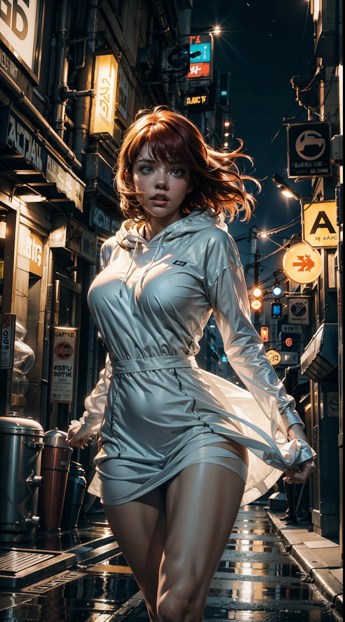Close up image of 2 subjects, 1girl with auburn colored hair, wearing long sleeve white dress with hood, (running towards camera), (woman looks scared), frightened, running for her life, running away from man wearing armor, getting grabbed by man, down a dirty city alley, futuristic city at (night:1.4), blue and yellow neon signs, chase scene, action scene, thick outlines, comic book style, dynamic camera angle, realistic skin, realistic hands, perfect hands, action lines, motion blur background