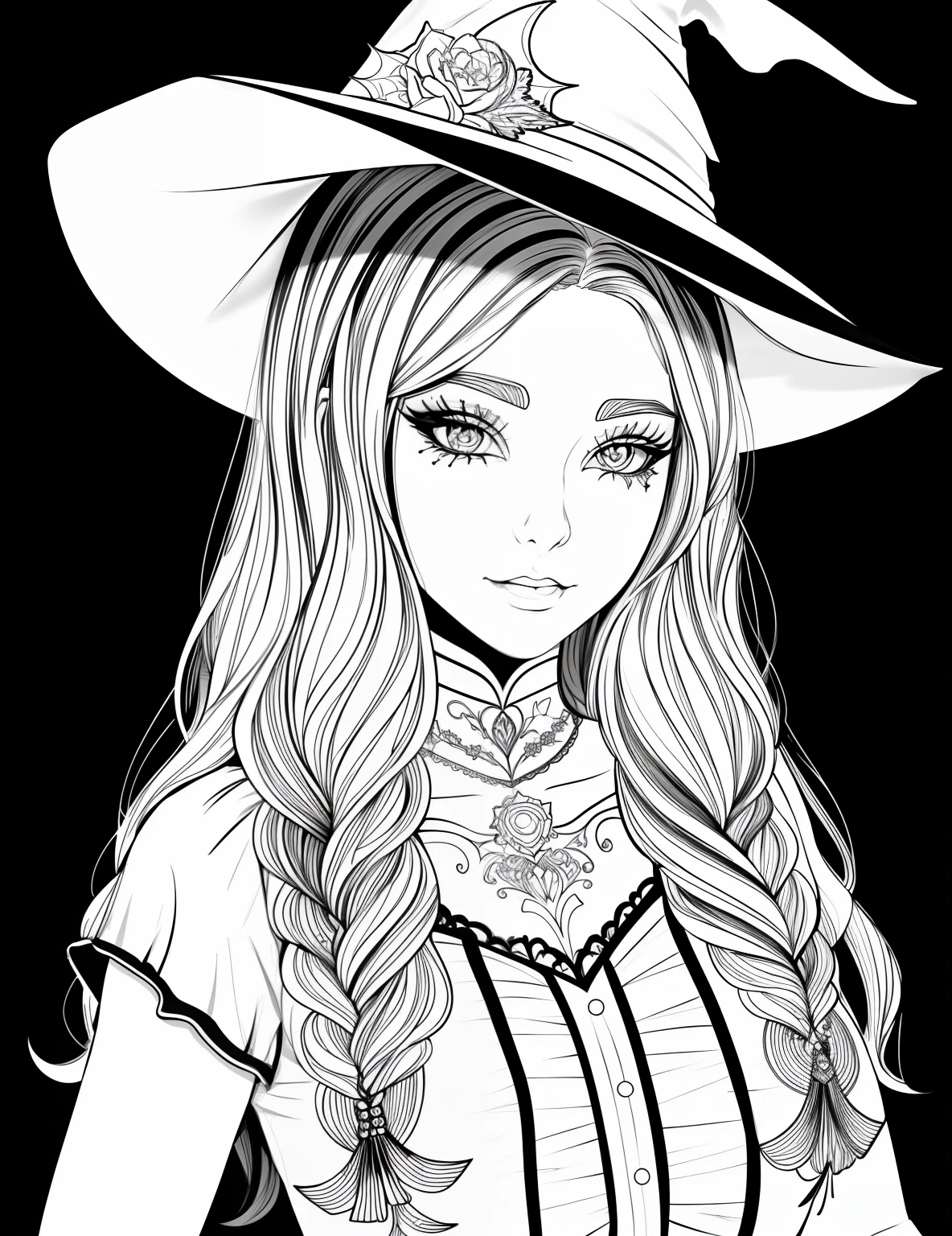 A coloring page with a girl and a cat in a Halloween scene, beautiful witch spooky female, line art colouring page, Retrato de uma jovem bruxa, Bruxa bonita com cabelo longo, black and white coloring, beautiful witch female, coloring book outline, Retrato de uma jovem bruxa, bruxa feminina bonita, clean coloring book page, bela arte de linha, arte vetorial em preto e branco