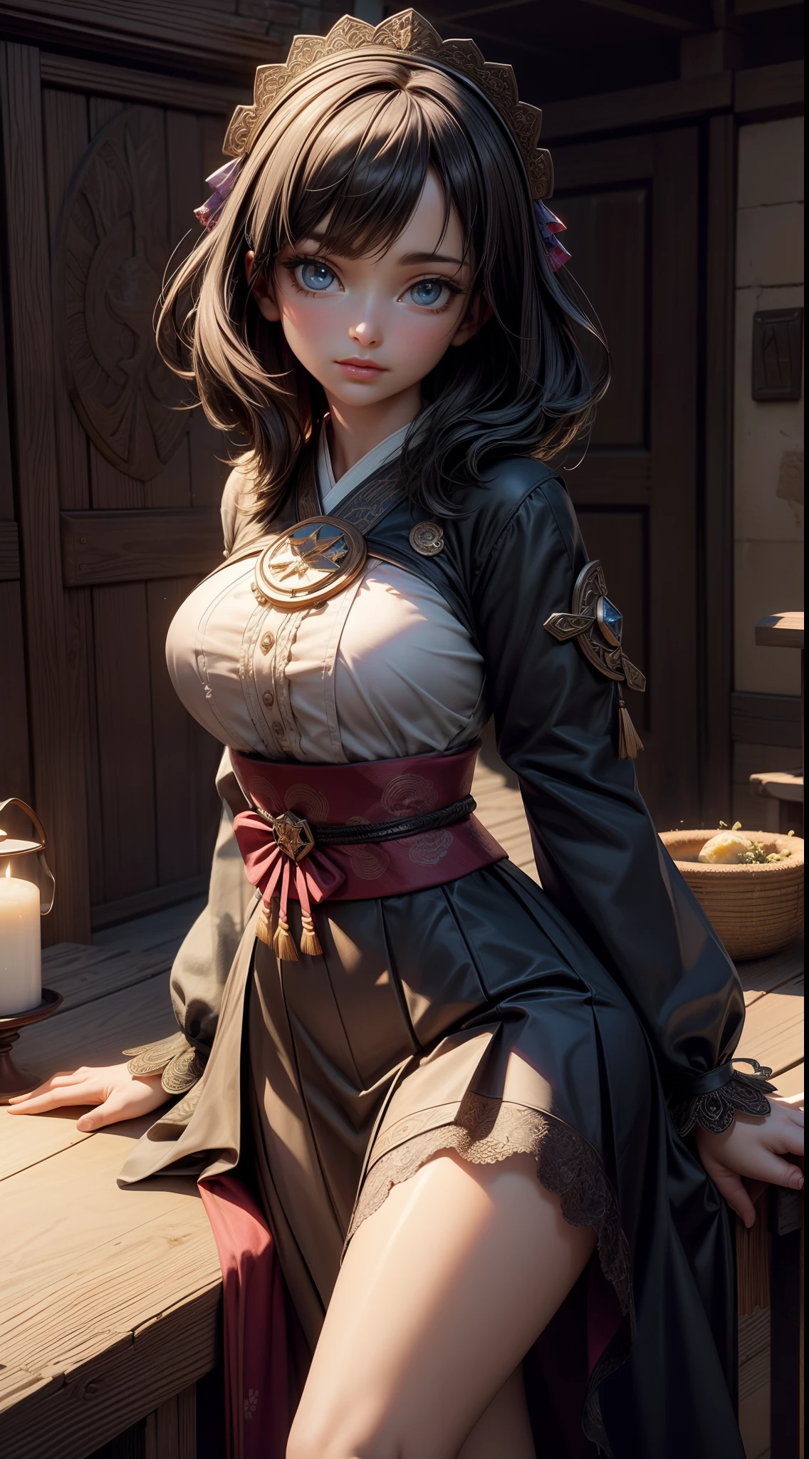 peasant girl, 1girl, perfect and well designed eyes, (beautiful detailed eyes:1.05), natural breasts, slim body, beautiful and delicate face, (face detail), pores, realistic face, fair skin, detailed skin, real skin, realistic skin, medium length hair, hair voluminous, super high resolution, 8k, parameters Best quality, (beautiful:1.05), (masterpiece:1.4), (magic accessories:1.4), extremely detailed {{{silk|feathers}|latex}|lacy} {{shirt|cloth|kimono}|{skirt|dress}}, neckline, ultra detailed, photorealistic, (best quality:1.4), super high resolution, (Realistic 1.4), More details, Real image, (portrait, full body), (((1girl))), (witchcraft:1.1), magic energy flows and sparkles, ((castle, stronghold) city, hills, village), (beautiful and aesthetic:1.2), (fractal art:1.4), (cinematic light:1.1), 16K, HDR, RTX, Ray Tracing, Radiosity, Anisotropic Filtering, Subsurface Scattering, metallic reflections, vibrant colors