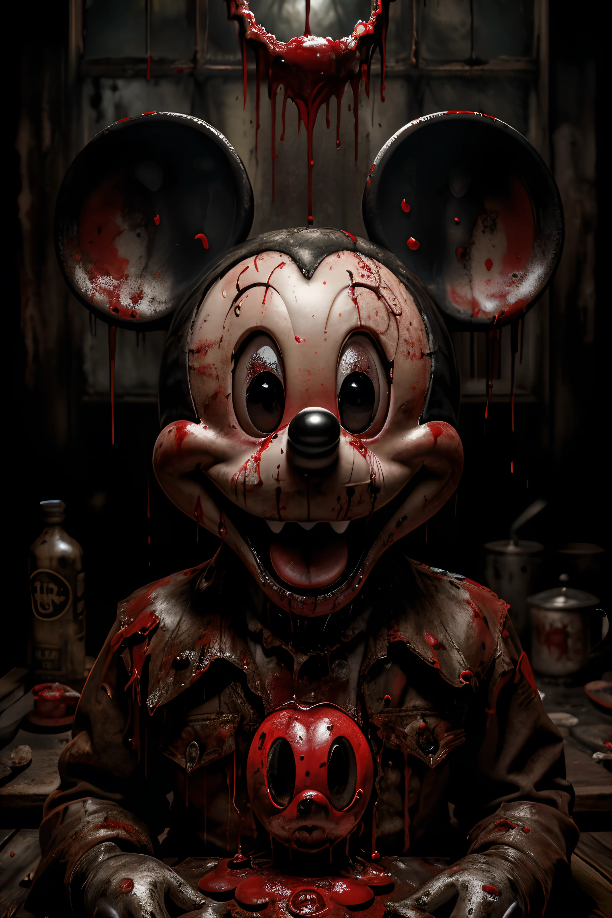 masterpiece, (photorealistic:1.4),creepyMickey Mouse, with blood poring down his face ,  RAW photo, 8k uhd, ((film grain)) ,