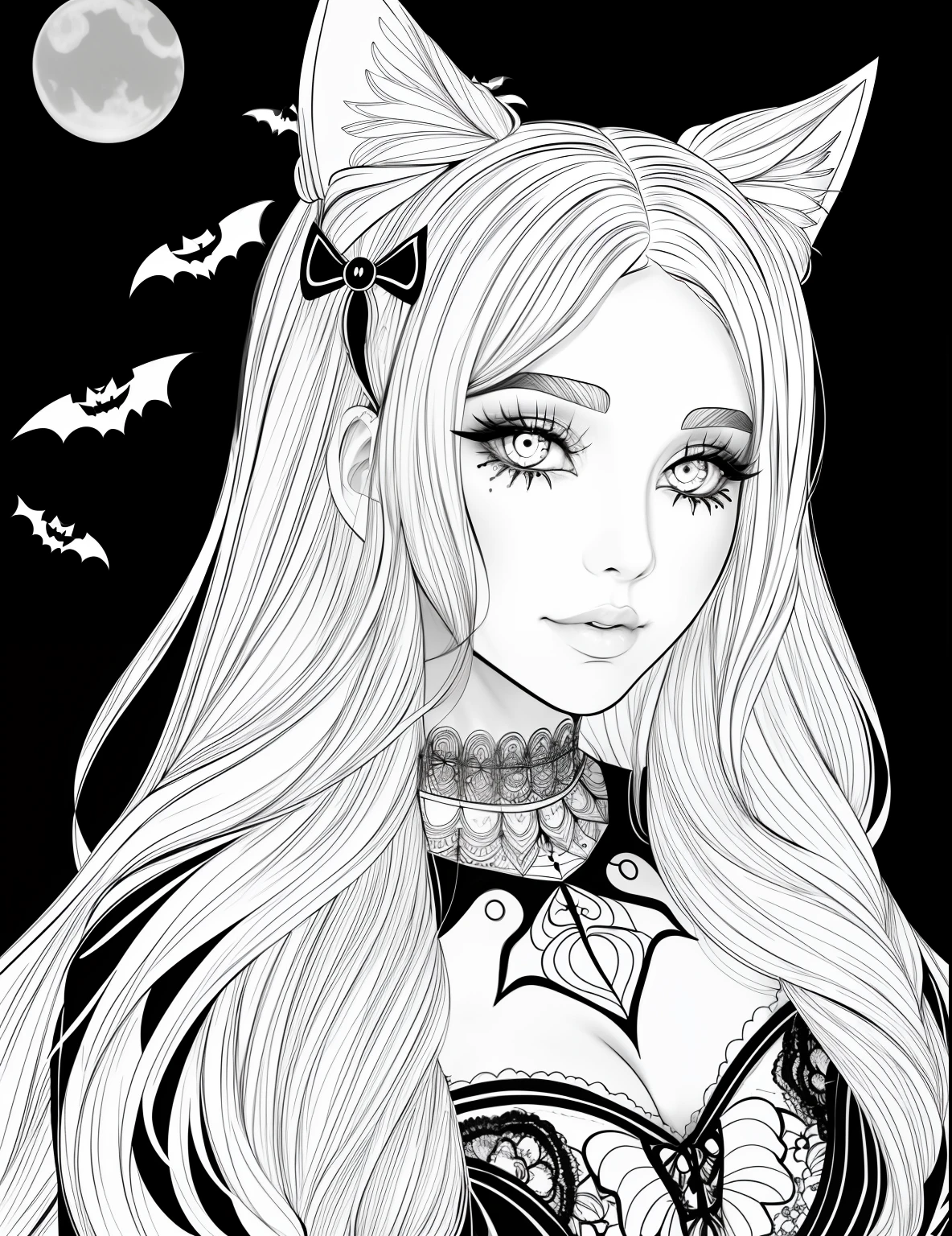 A coloring page with a girl and a cat in a Halloween scene, beautiful witch spooky female, line art colouring page, Retrato de uma jovem bruxa, Bruxa bonita com cabelo longo, black and white coloring, beautiful witch female, coloring book outline, Retrato de uma jovem bruxa, bruxa feminina bonita, clean coloring book page, bela arte de linha, arte vetorial em preto e branco