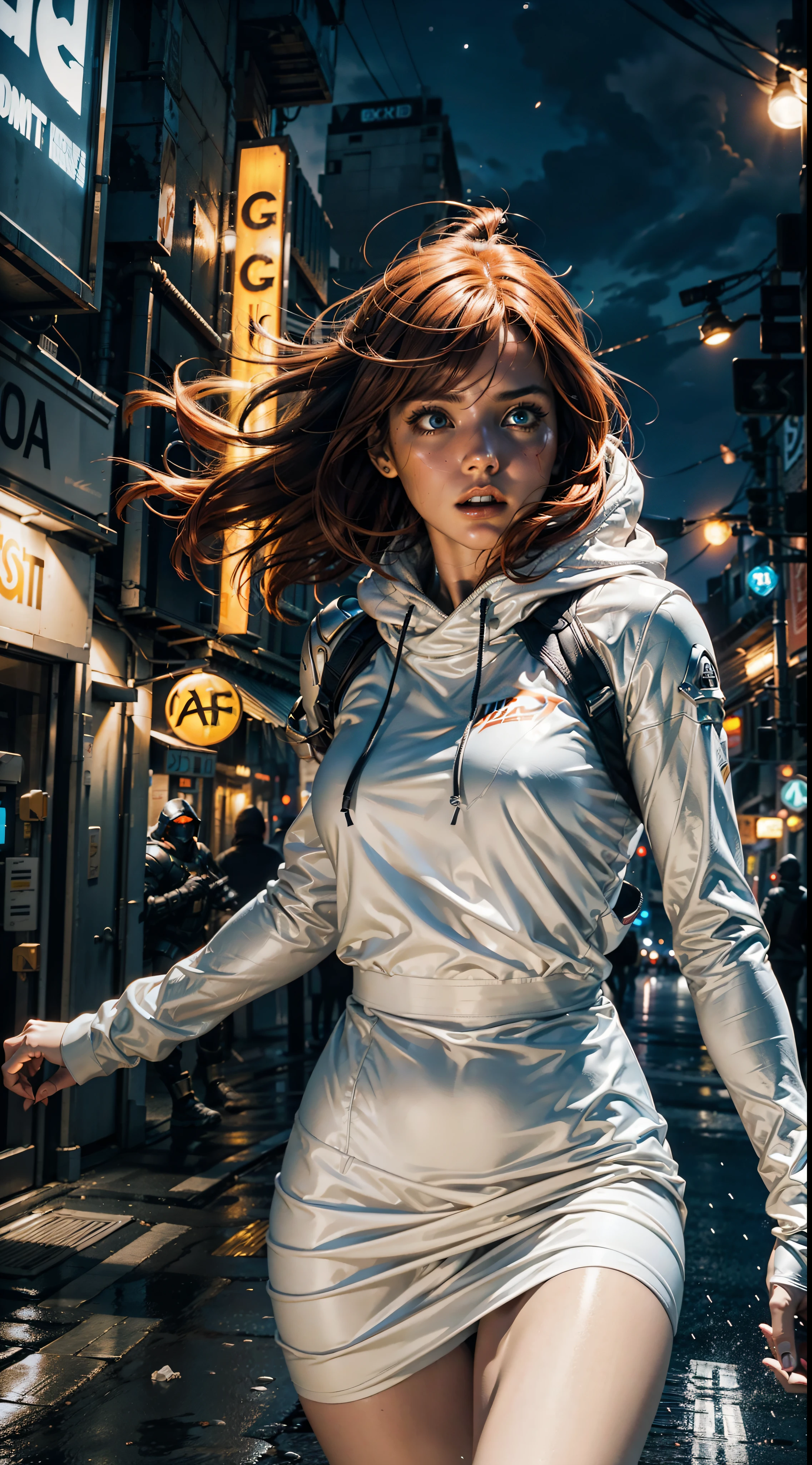 Close up image of 2 subjects, 1girl with auburn colored hair, wearing long sleeve white dress with hood, (running towards camera), (woman looks scared), frightened, running for her life, running away from man wearing armor, getting grabbed by man, down a dirty city alley, futuristic city at (night:1.4), blue and yellow neon signs, chase scene, action scene, thick outlines, comic book style, dynamic camera angle, realistic skin, realistic hands, perfect hands, action lines, motion blur background