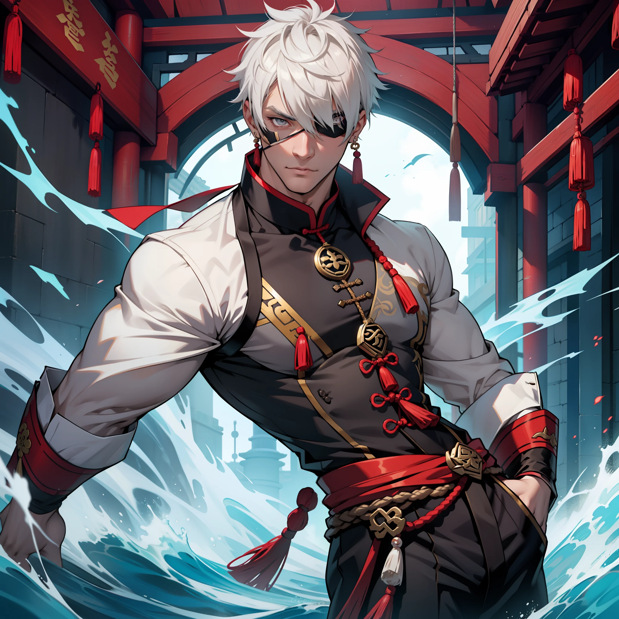 Handsome male. 6 ft 5 tall man. White hair. Short hair. Grey eyes. Eyepatch. Earrings. Toned body. Muscular male. Traditional chinese clothes. Genshin Impact. Wears eyepatch. Hydro vision.