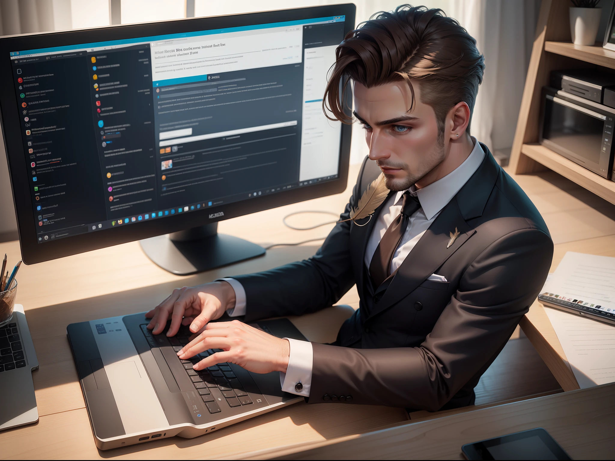 handsome man, dark blond hair, za biurkiem, programujący, na biurku serwer, monitor, Keyboard with details, myszka, tablet, kawa, feather, pencil