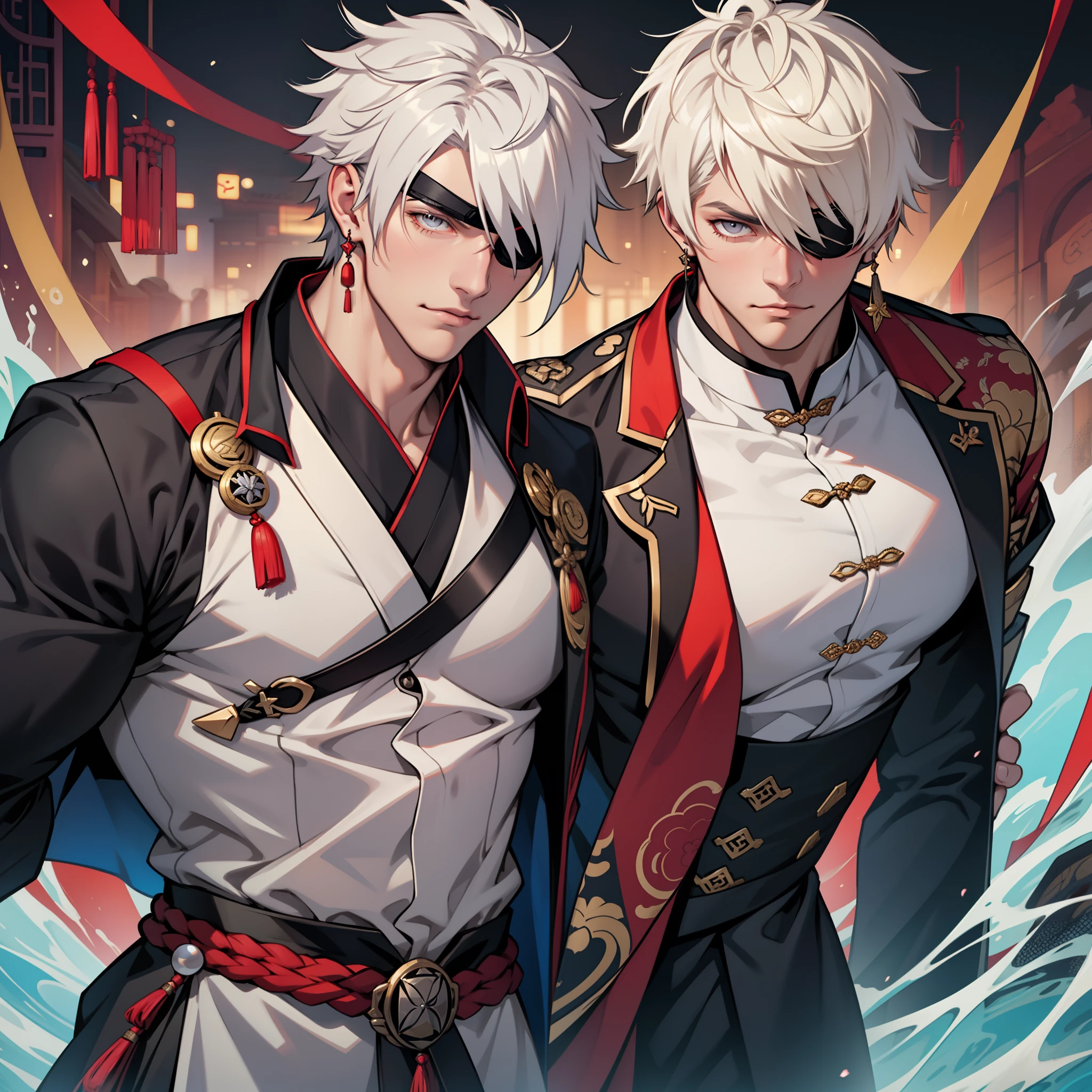 Handsome male. 6 ft 5 tall man. White hair. Short hair. Grey eyes. Eyepatch. Earrings. Toned body. Muscular male. Traditional chinese clothes. Genshin Impact. Wears eyepatch. Hydro vision.