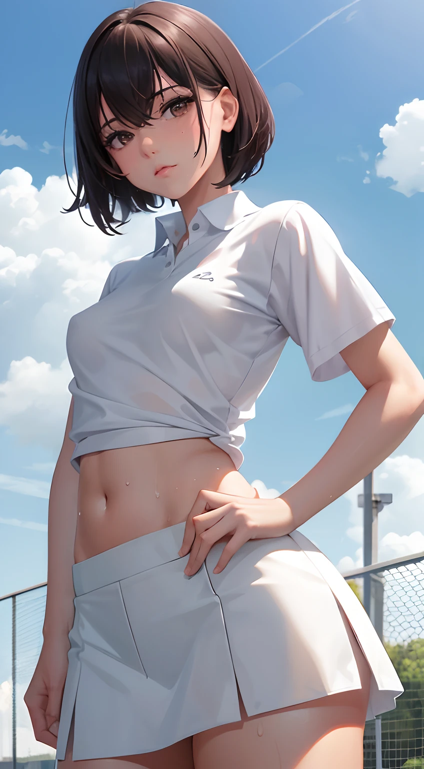 1girl, solo, white polo shirt, white sneakers, tennis wear, white miniskirt, masterpiece, best quality, realistic, hyper-detailed, (shiny skin, sweaty:1.4), absurd, looking at viewer, short black hair, brown eyes, slender, dynamic lighting, high resolution, sharp focus, depth of field, detailed eyes, sharp pupils, realistic pupils, (small breasts:1.6), (thick thighs:1.0), outdoor, sky
