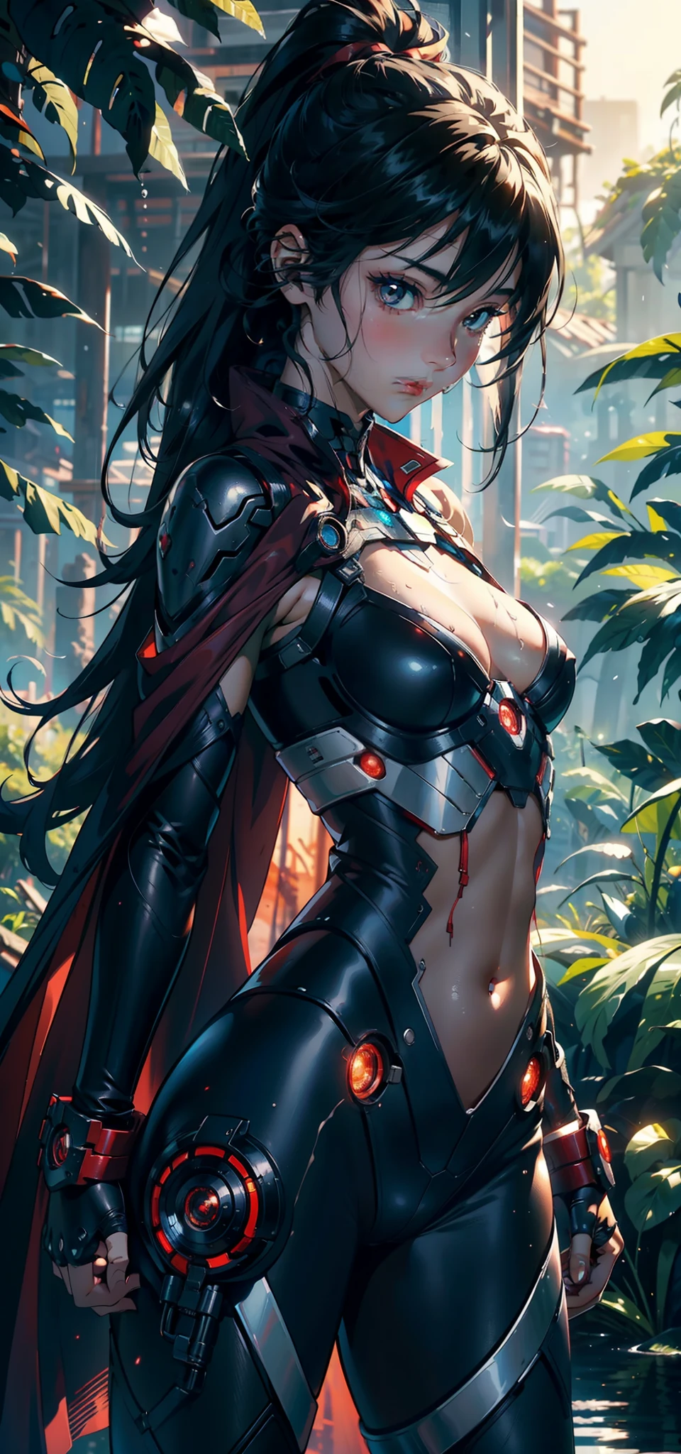 1female,,bit girl,super adorable,smallunderboob ,Pornographic exposure, 独奏,(Background with:hilltop,the rainforest,in summer,Standing water on the ground,exteriors) Feel free to hairstyle,Stride,Sweat profusely,drenched all over the body,seen from the front,Long black hair , mostly cloudy sky,(((tmasterpiece),(Very detailed CG unity 8K wallpaper),best qualtiy,cinmatic lighting,detailed back ground,beatiful detailed eyes,Bright pupils,(Very fine and beautiful),(Beautiful and detailed eye description),ultra - detailed,tmasterpiece,)),facing at camera,A high resolution,ultra - detailed)There is a robotic arm,cyber punk style,nakeness,Wipe off panties,revealing breasts,Bare genitalia, Bulge,Camel toes,Raised sexy,Lewd expression,Flushed complexion,Open-mouthed,frontage,Iron Man(Wearing:Red cape,Pantyhose)