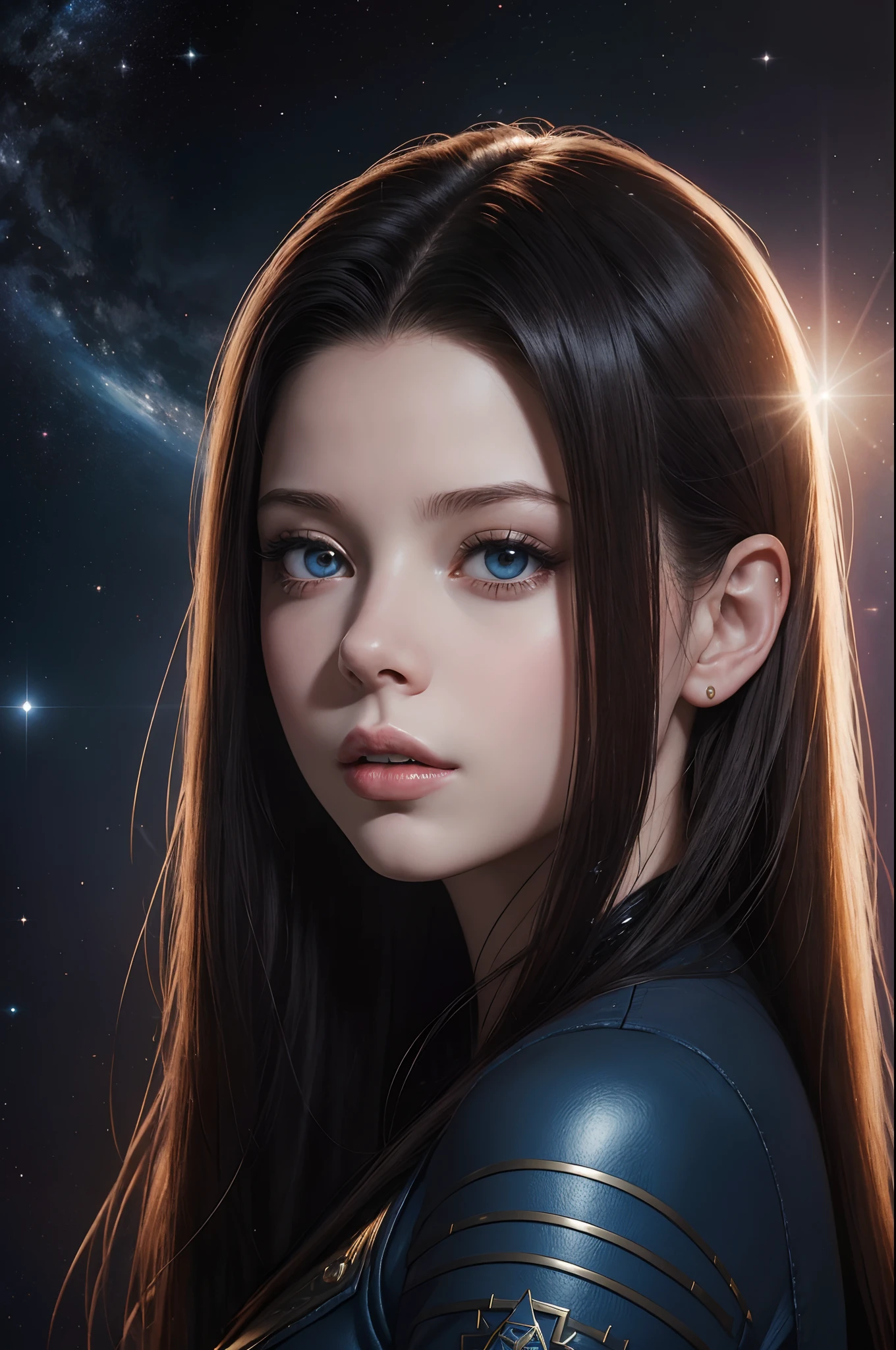 ((beste-Qualit)), ((tmasterpiece)), ((Realistic)), the ultra-detailed face of young Michelle Trachtenberg, Mysterious space, Extemporal detailing, Иллюстрация Aaron-Jasinski —ar 2:3 —q 4 —s 750