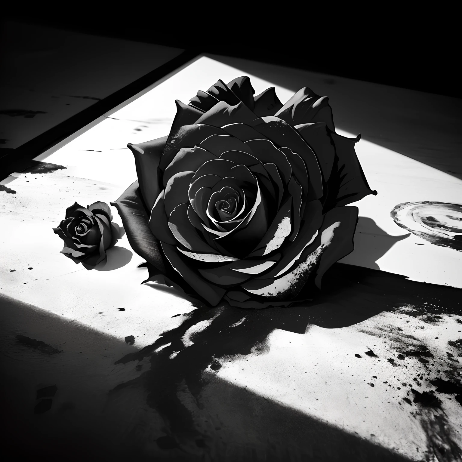 There is a rose that is sitting on a table, rosas pretas, rosa negra, roses in cinematic light, moldura rosa preta. d&d, she is the queen of black roses, flores pretas, soft light melanchônica pink, Nicolas Delort, dramatic black and white, arte em papel preto fosco digital, black and white artistic photo, imagem em preto e branco