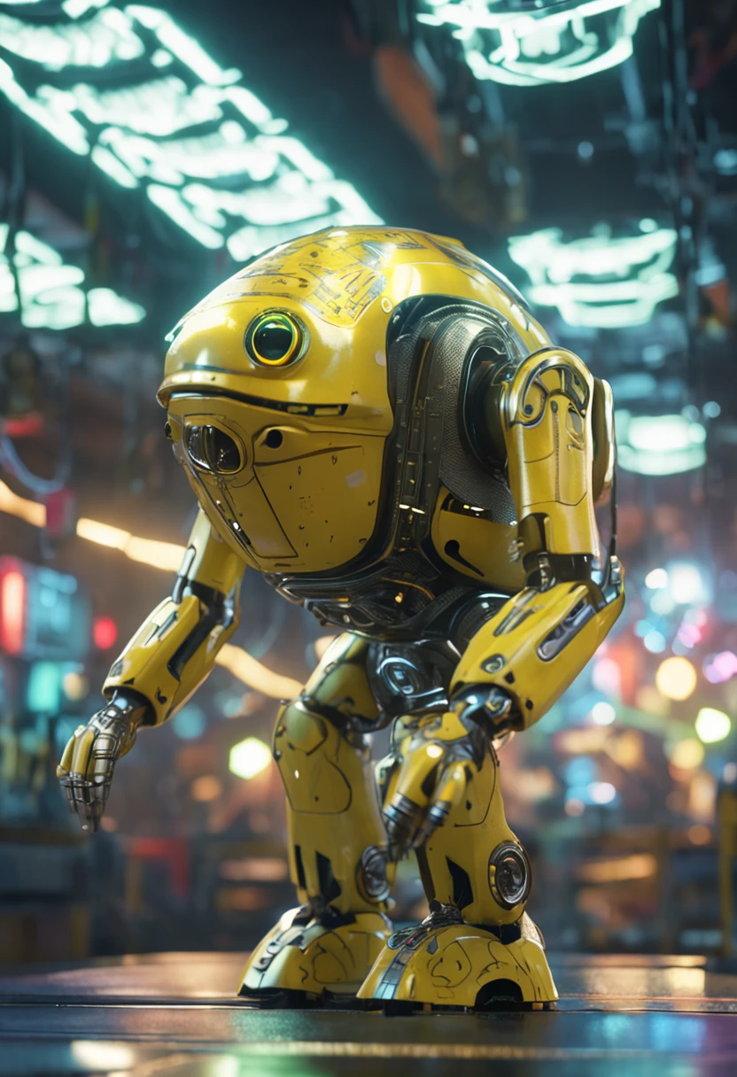 droid,an anthropomorphic turtle,Wearing a pale yellow dress with a star pattern,Transparent machinery,Cyberpunk, dreamy glow, luminous neon lights, ( Global illumination, Ray traching, hdr, unreal render,reasonable design, high detal, Masterpiece, Best quality, hyper HD, Cinematic lighting),