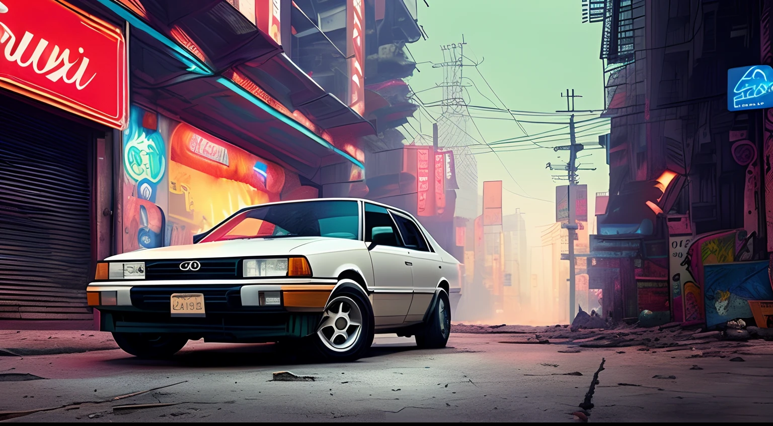 (tmasterpiece) Высокая детализация RAW, Toyota Corolla car, 1991 year of release. in the city. A vibrant apocalyptic cyberpunk city with a rainbow style, Hassanfantasy style, Jeremy Mann and Donato Giancola ultra-realistic, Detailed, an intricate, photo-realistic