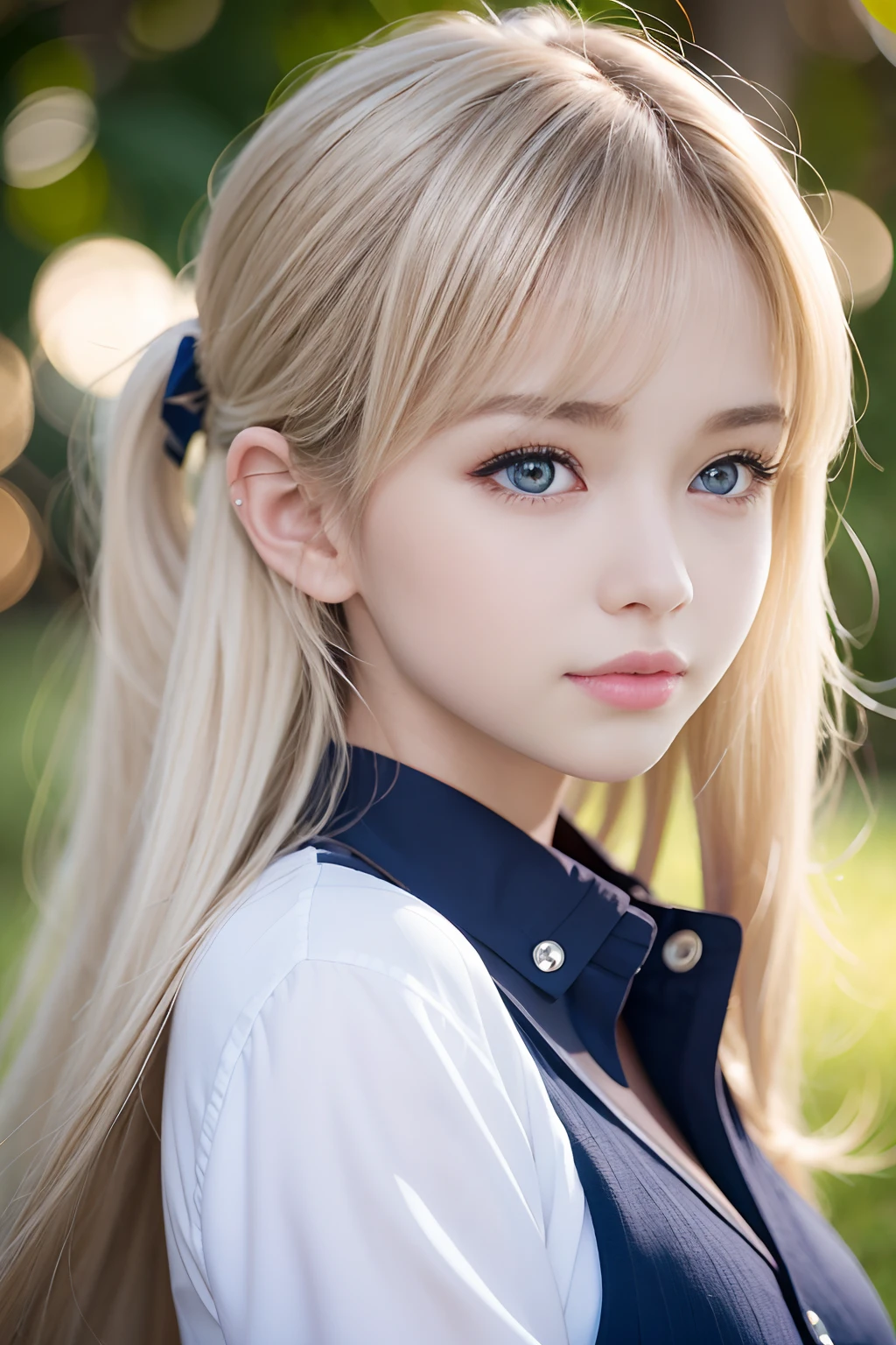 bright expression、poneyTail、Young shiny shiny white shiny skin、Best Looks、Blonde reflected light、Platinum blonde hair with dazzling highlights、shiny light hair,、Super long silky straight hair、Beautiful bangs that shine、Glowing crystal clear attractive big blue eyes、Very beautiful nice cute 16 year old girl、Lush bust,Beautiful detailed eyes, beautiful detailed nose,(( Full body:1.25)),Makeup that the eyes emphasize、((Pleated skirt with many folds)),(Women like Joan of Arc)、s Armor、Knights, With a sword and shield，Royal style，Comic style, , Sub-surface scattering, ornate detail, nature backdrop, Hyper-realistic, Cinematic, Dramatic Lighting, masutepiece