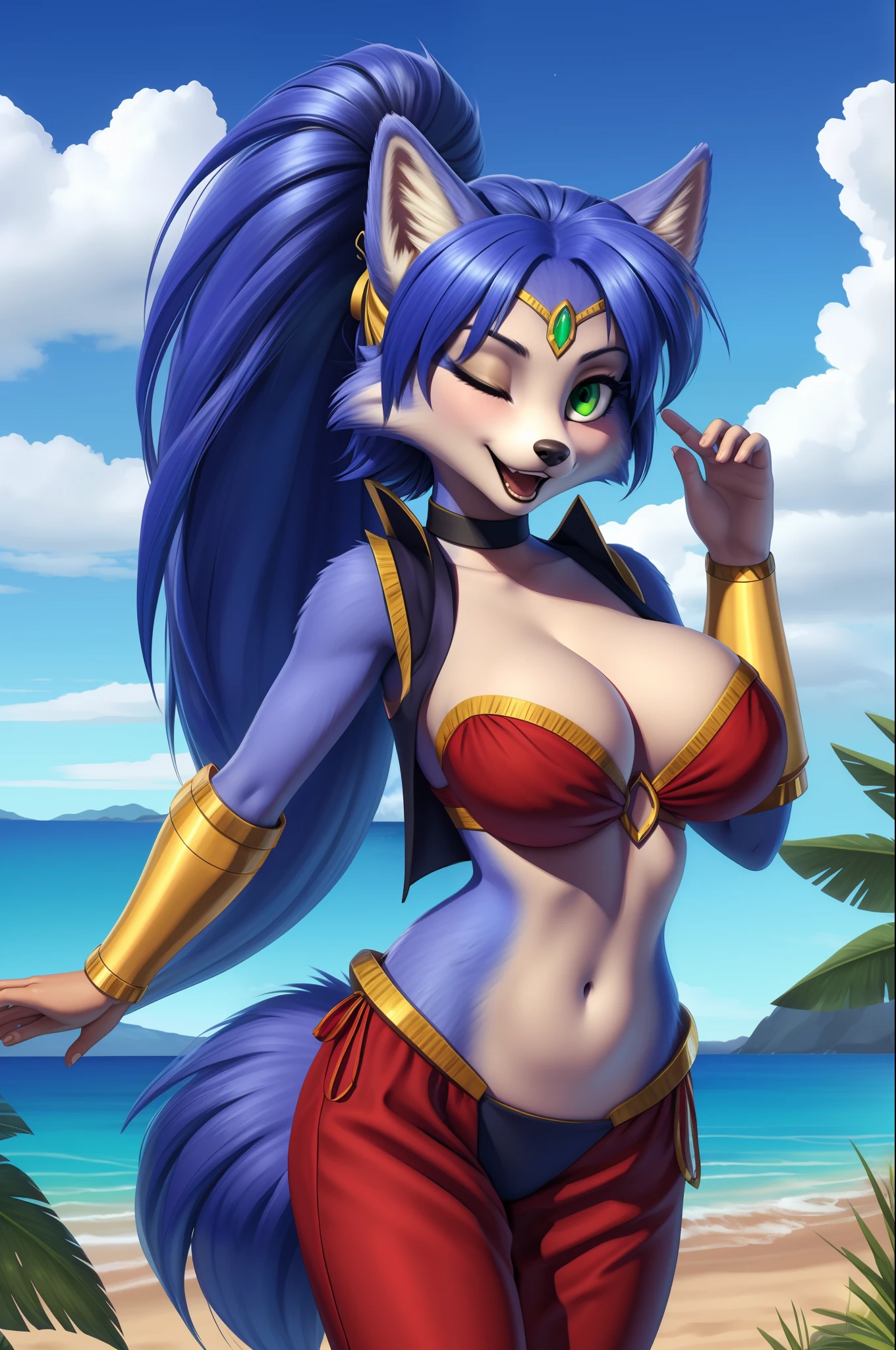 1girl, solo, one eye closed, blue hair, smile, navel, long hair, jewelry, open mouth, beach, very long hair, ;d, outdoors, harem pants, looking at viewer, pants, cleavage, o-ring, arm up, large breasts, choker, vest, o-ring top, ponytail, white footwear, bandana, stomach, midriff, high ponytail, bracer, bare shoulders, collarbone, thigh strap, white pants, white shoes, open vest, vest, by Personalami, Krystal, Star Fox, female, (detailed), viewer's view, fluffy, solo, 1 girl, high resolution, photorealistic, (green eyes), cute looking, embarrassed looking, ((clear structural details)), detailed realism, slim, soft, 4k, excellent quality, high details, (seductive), detailed fur, back, ((tail correct position)) ponytail
