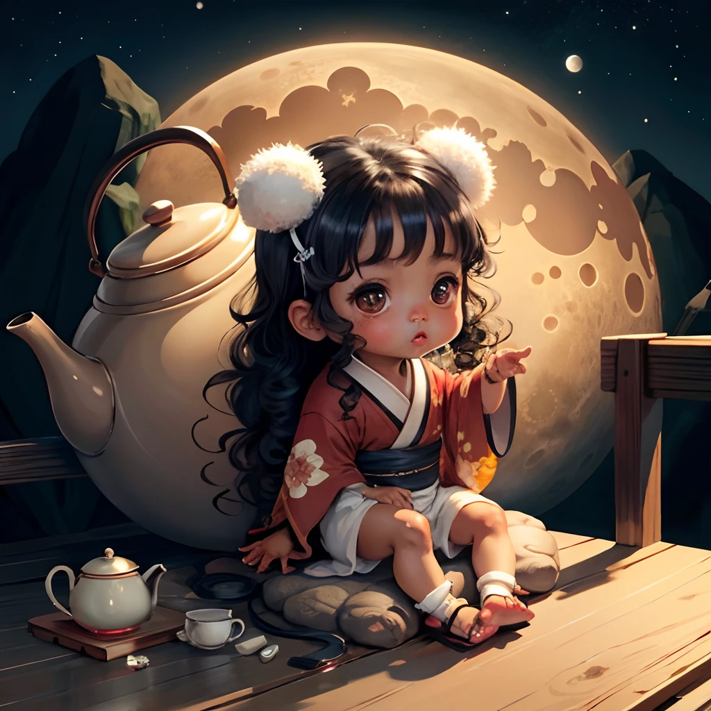 Cute dark brown skinned  chibi anime, brown kimono, sit in the teapot, moon, long curly black hair, clear toes, clear feet, freckles on the face, wear sandals