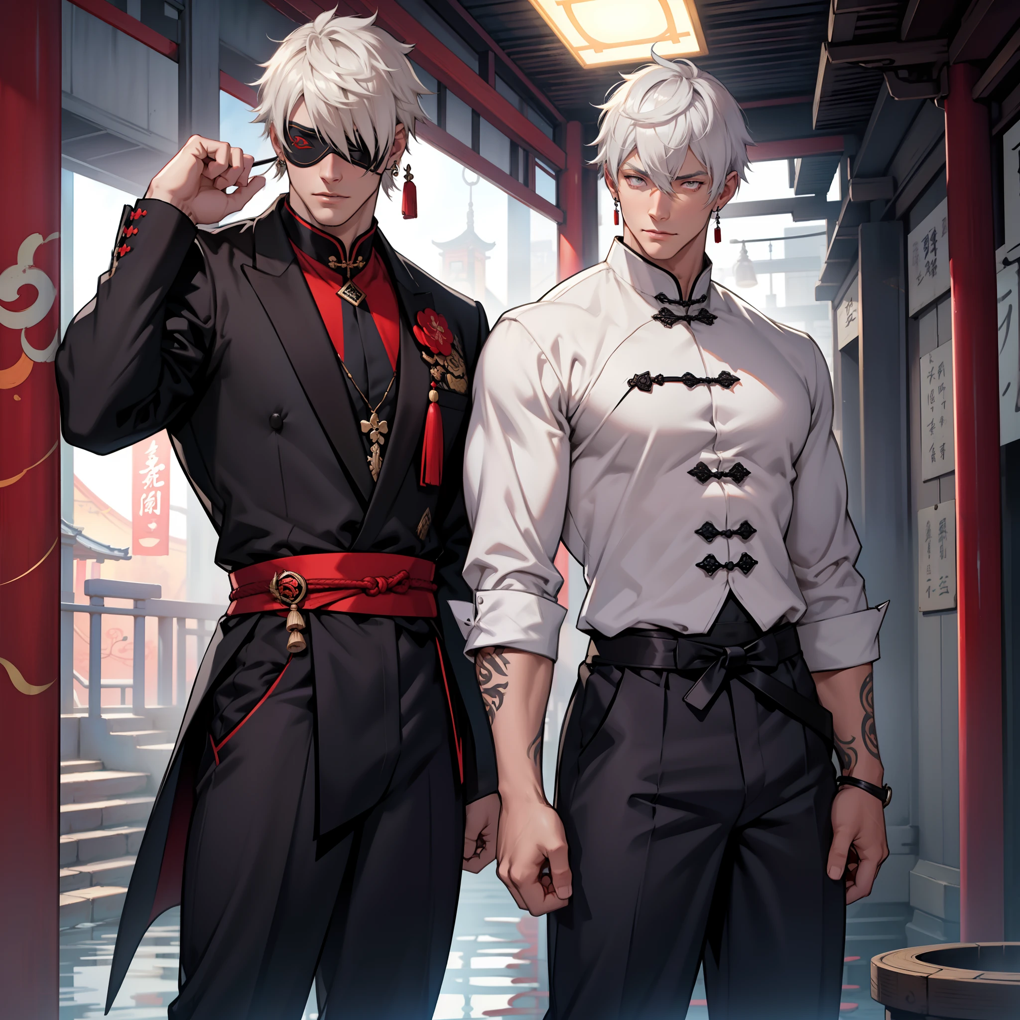 Handsome male. 6 ft 5 tall man. White hair. Short hair. Grey eyes. Eyepatch. Earrings. Toned body. Muscular male. Traditional chinese clothes. Genshin Impact. Wears eyepatch. Hydro vision. Bulge in pants