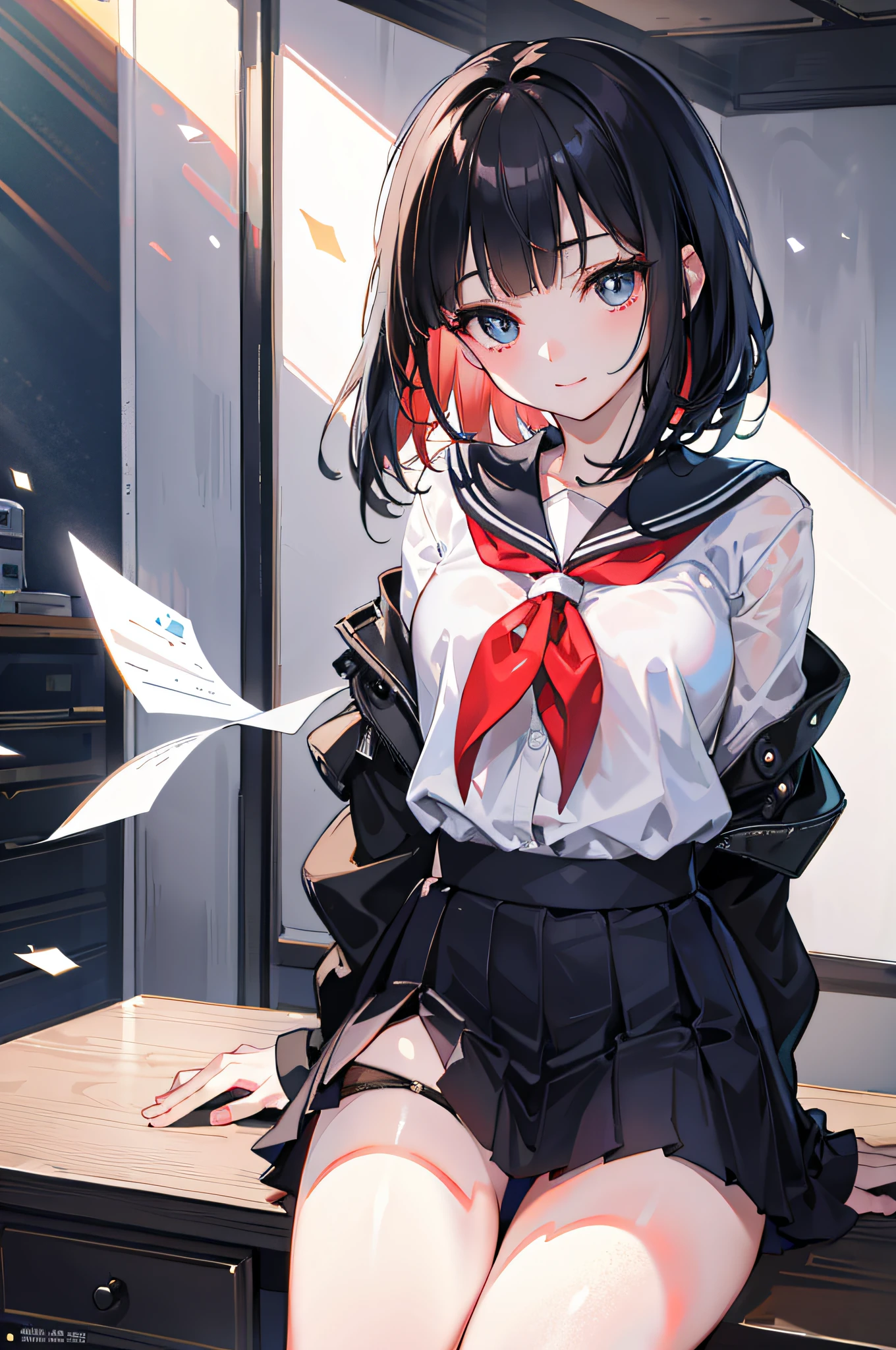 (extremely details CG、8K Wallpapers)、(extremely delicate and beautiful)、(​masterpiece)、(top-quality:1.0)、(超A high resolution:1.0)、beautiful  lighting、perfect lightning bolt、realistic shadow、[hight resolution]、Detailed skin、ultra-detailliert、detailed faces and eyes、Realistic eyes、Sharp pupils、Colossal tits、cowboy  shot, Inside the classroom、Schools、Evening glow、beauitful face、blurry backround、16-year-old beautiful girl、shinny skin、Side Up、Beautiful black hair、Blunt bangs、Red Eye、(Katyusha:1.2)、a sailor suit、Pleated miniskirt、Curve、Sitting on a desk、(Opening legs、You can see light panties.:1.2)、Gentle smile、