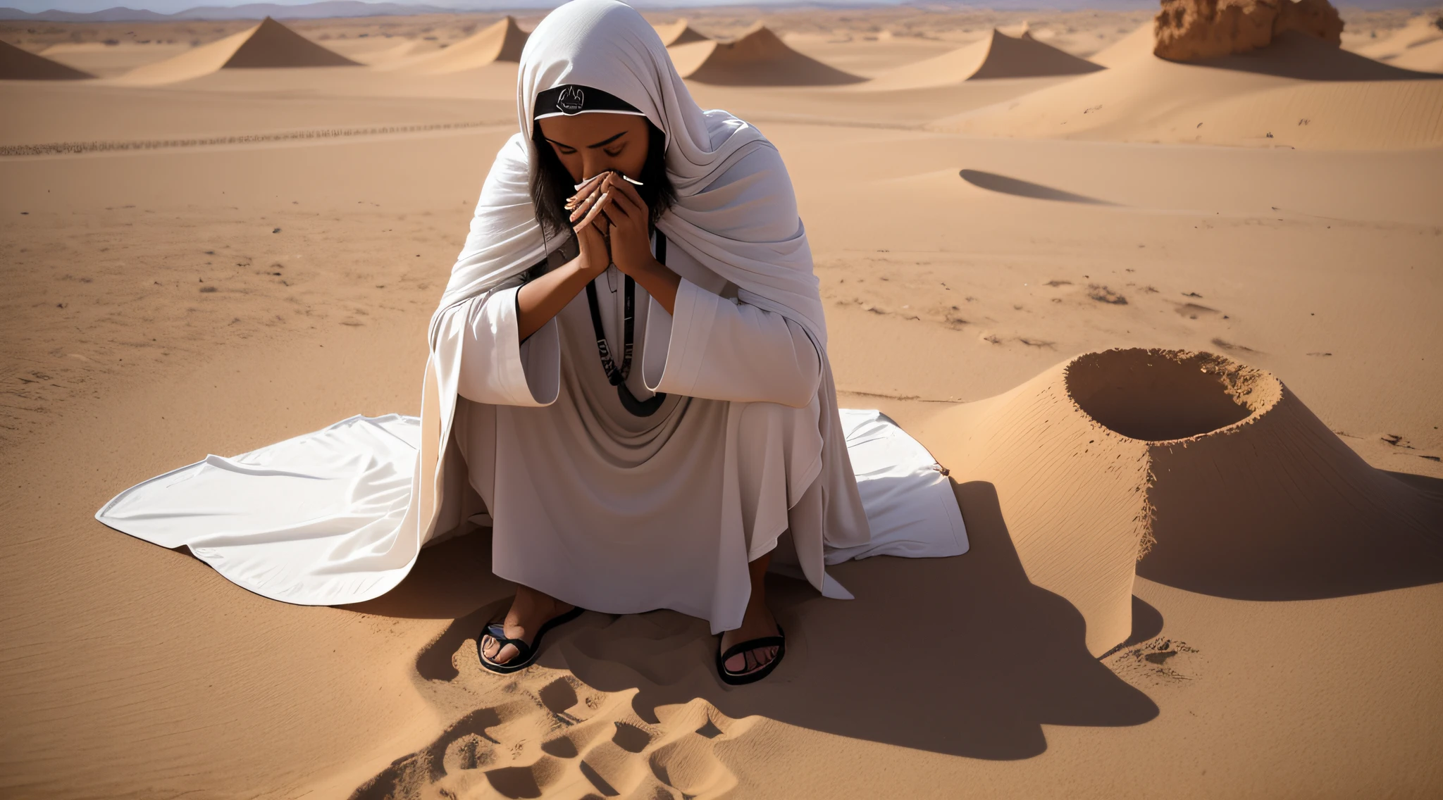 Araffe sentado em um cobertor no deserto com um telefone celular, em algum lugar nas areias do deserto, no meio do deserto, em um deserto, fotografia do deserto, jayson tatum as mother mary, Directed by: Etienne Delessert, no deserto, Tuareg, praying, no deserto, num vasto deserto sereno