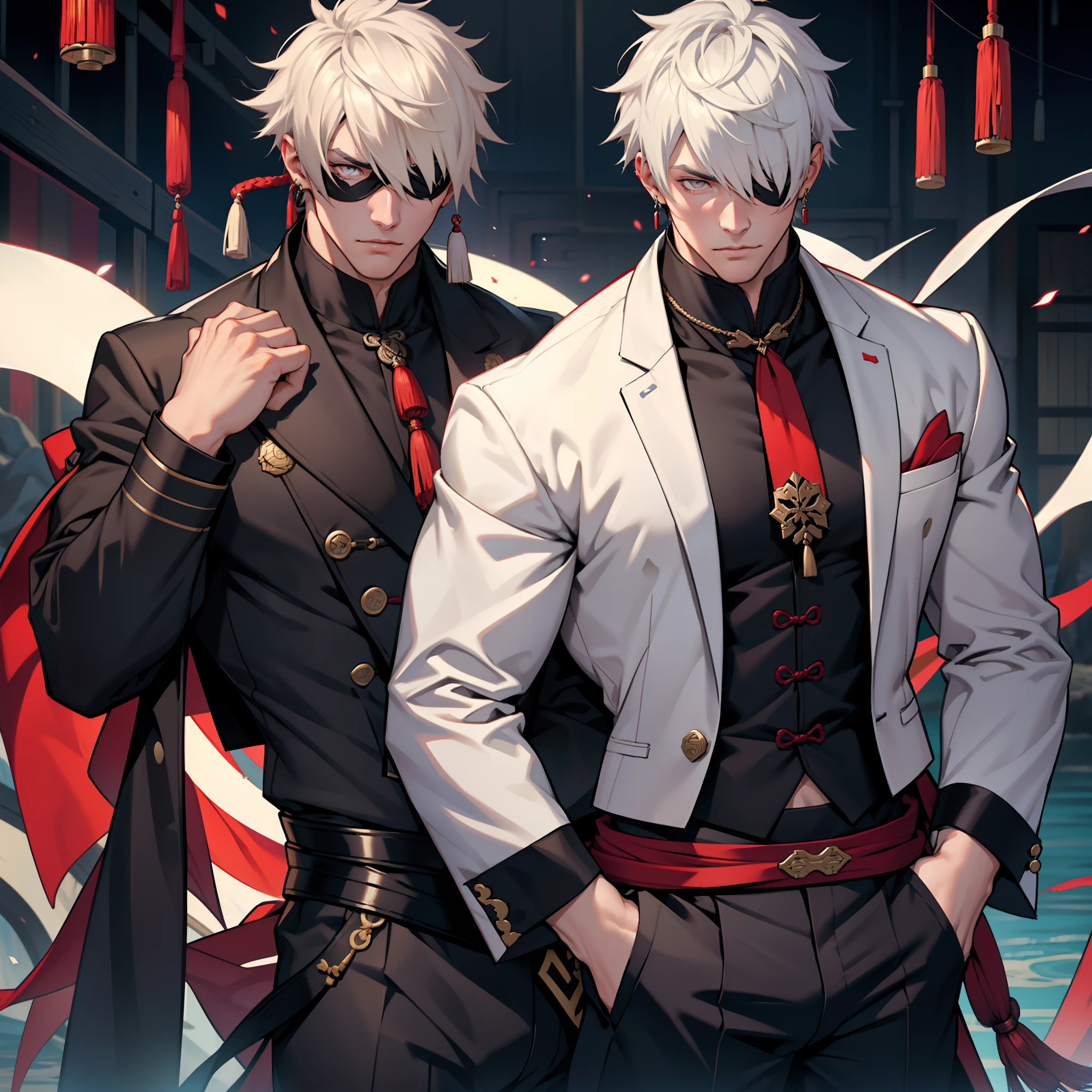 (absurdres, highres, ultra detailed, HDR), master piece, best quality, Gojo Satoru, white hair with bangs, white eyelashes, vibrant blue eyes, Jujutsu kaisen, Nanami Kento, blond hair, vibrant brown eyes, 2 gay men together, handsome, black leather coat, bare chest, belt across his chest, black collar, black gloves, chains, cape, moon, petals, window