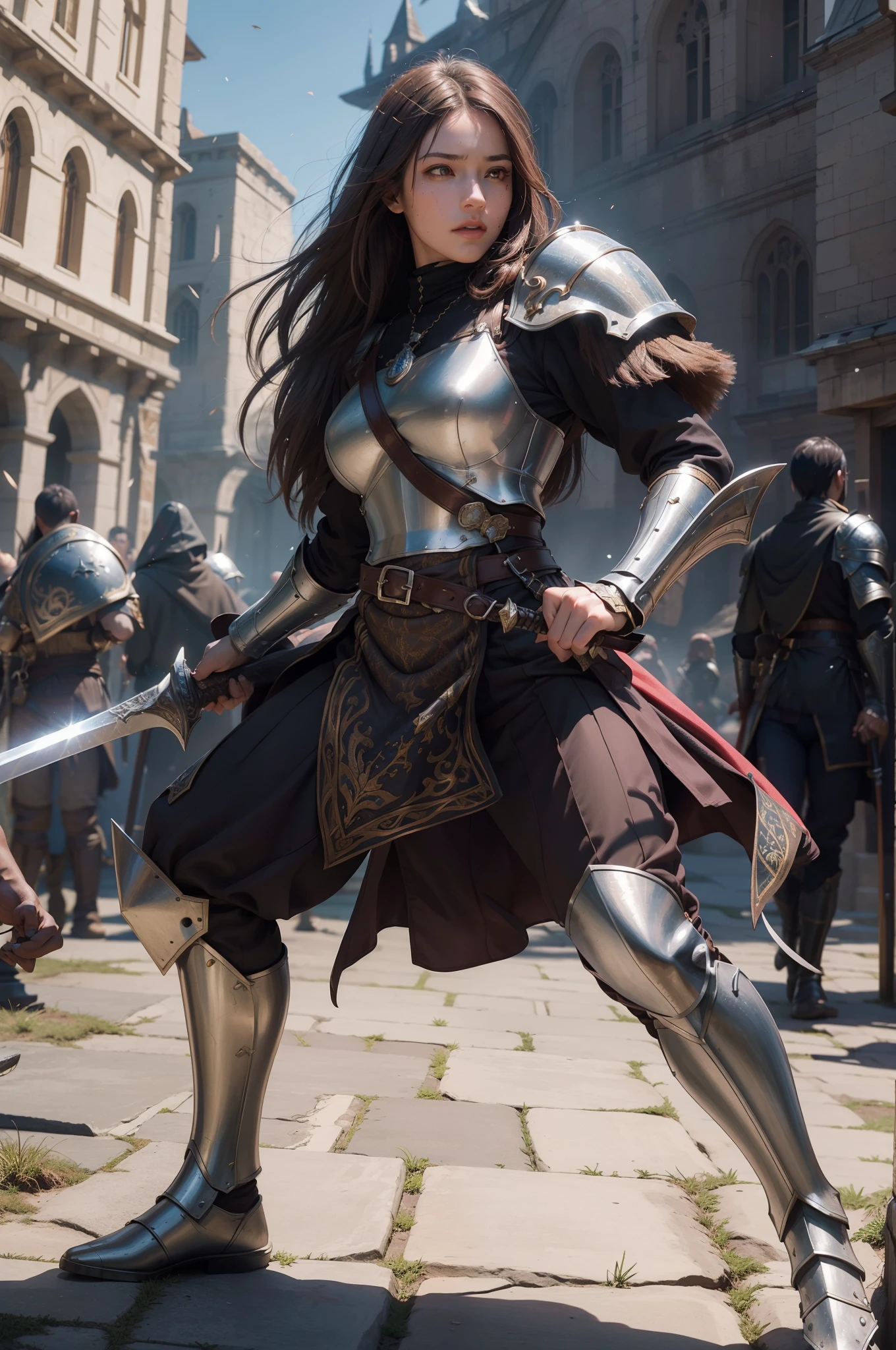 female, young, handsome, tall muscular woman, intricate details, brown hair, brown eyes, angular features, pointed chin, shining armor, sweating, holding sword hilt, sword-fighting, battle stance, on battlefield, colorful, highest detailed, full body, 8k, realistic textures (masterpiece),(best quality:1.0), (ultra highres:1.0), detailed,(photorealistic:1.4), DLSR, face focus, detailed eye, (depth of field:1.3), (solo:1.1),((medieval fantasy environment)), raytracing, bokeh, particle effects, depth of field