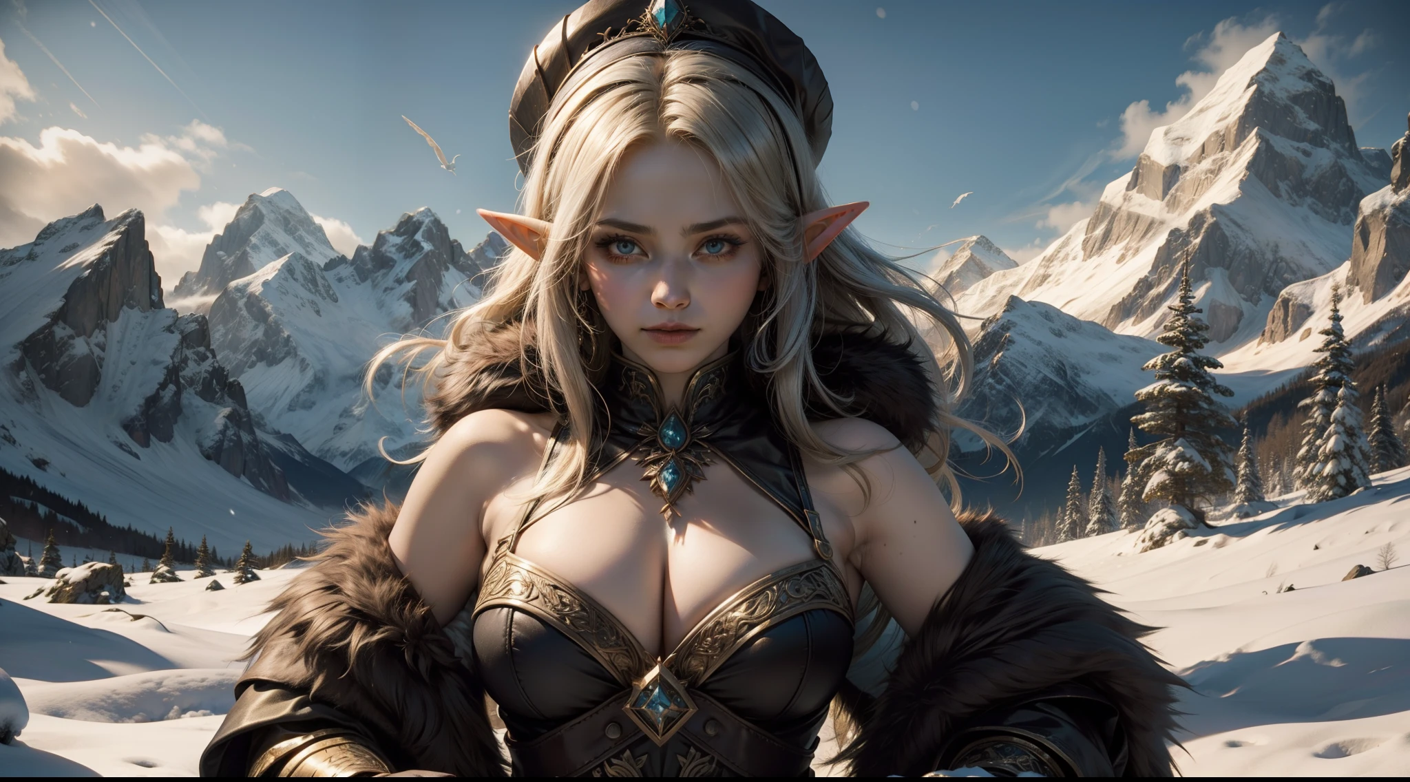 Female elf,Large breasts,upperbody shots,dramatics,dynamicposes,Heavy fur clothes,Snow-capped mountains in the background,magia,Rembrandt light