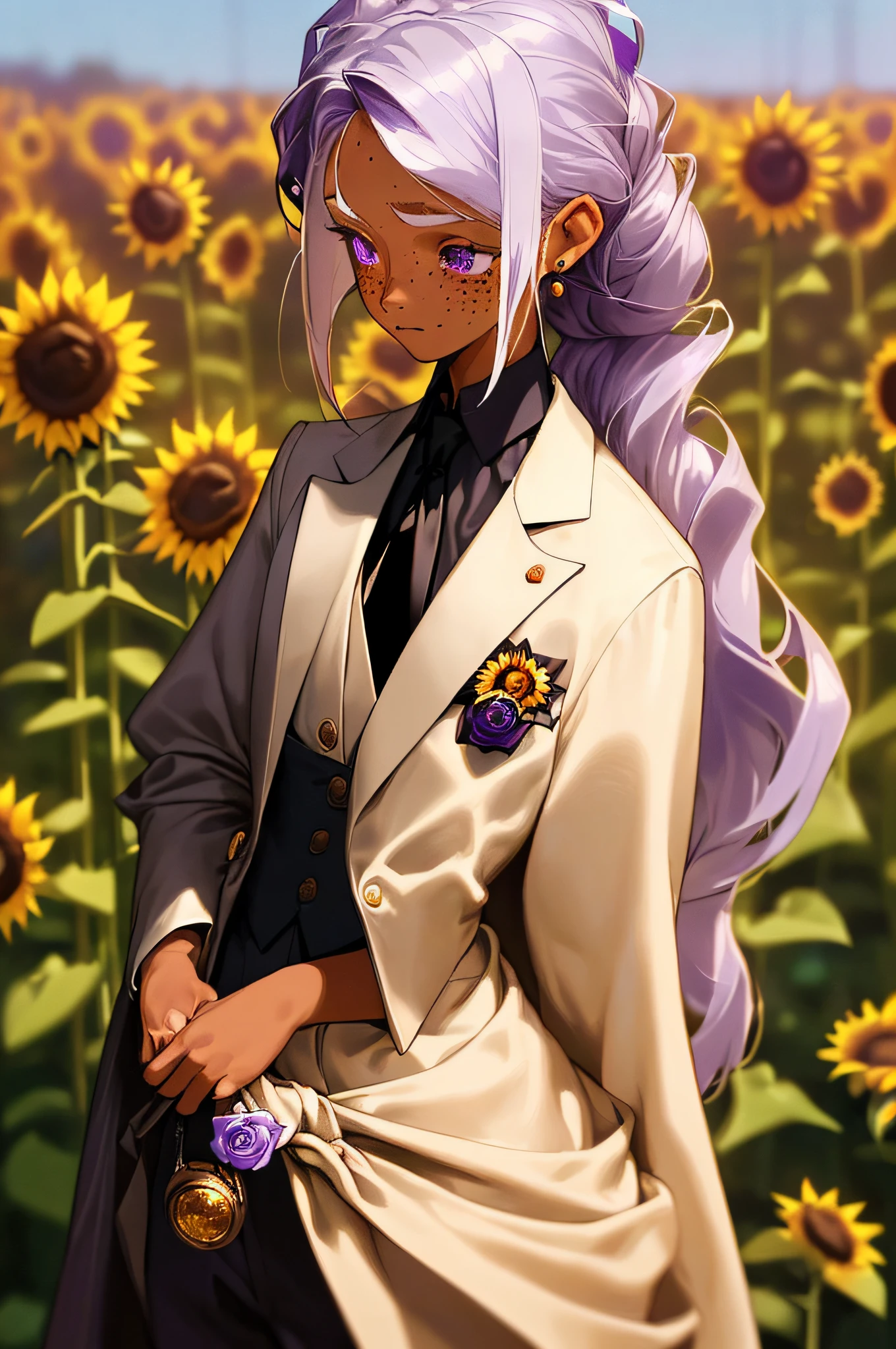 (masterpiece, best quality),1girl with tan skin, white hair with purple wicks, wearing a black suite with golden sunflower pin on the flap., with a white shirt and a black necktie; purple eyes, a lot of small freckles on the face, standingwhile sniffing a rose that helds in her hands. blurry background of a flower field