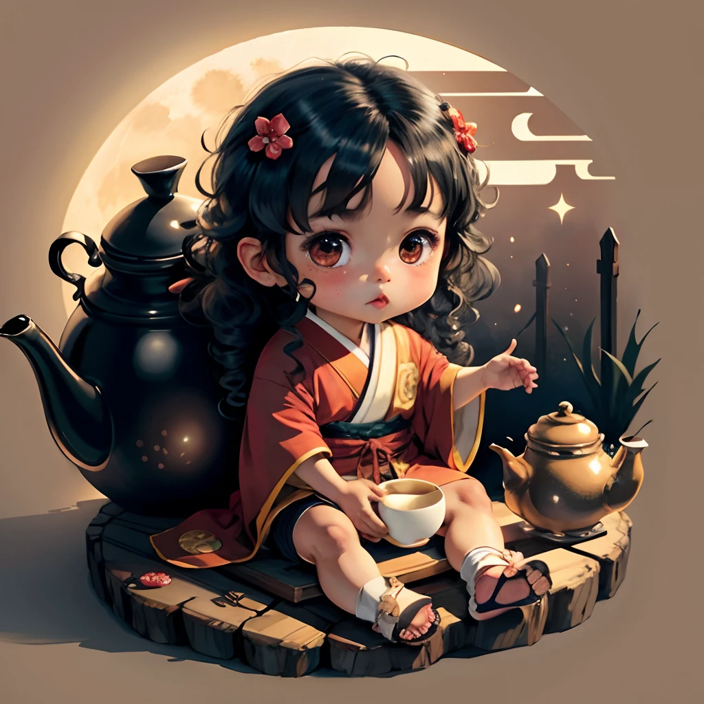 Cute dark brown skinned **** chibi anime, brown kimono, sit in the teapot, moon, long curly black hair, clear toes, clear feet, freckles on the face, wear sandals