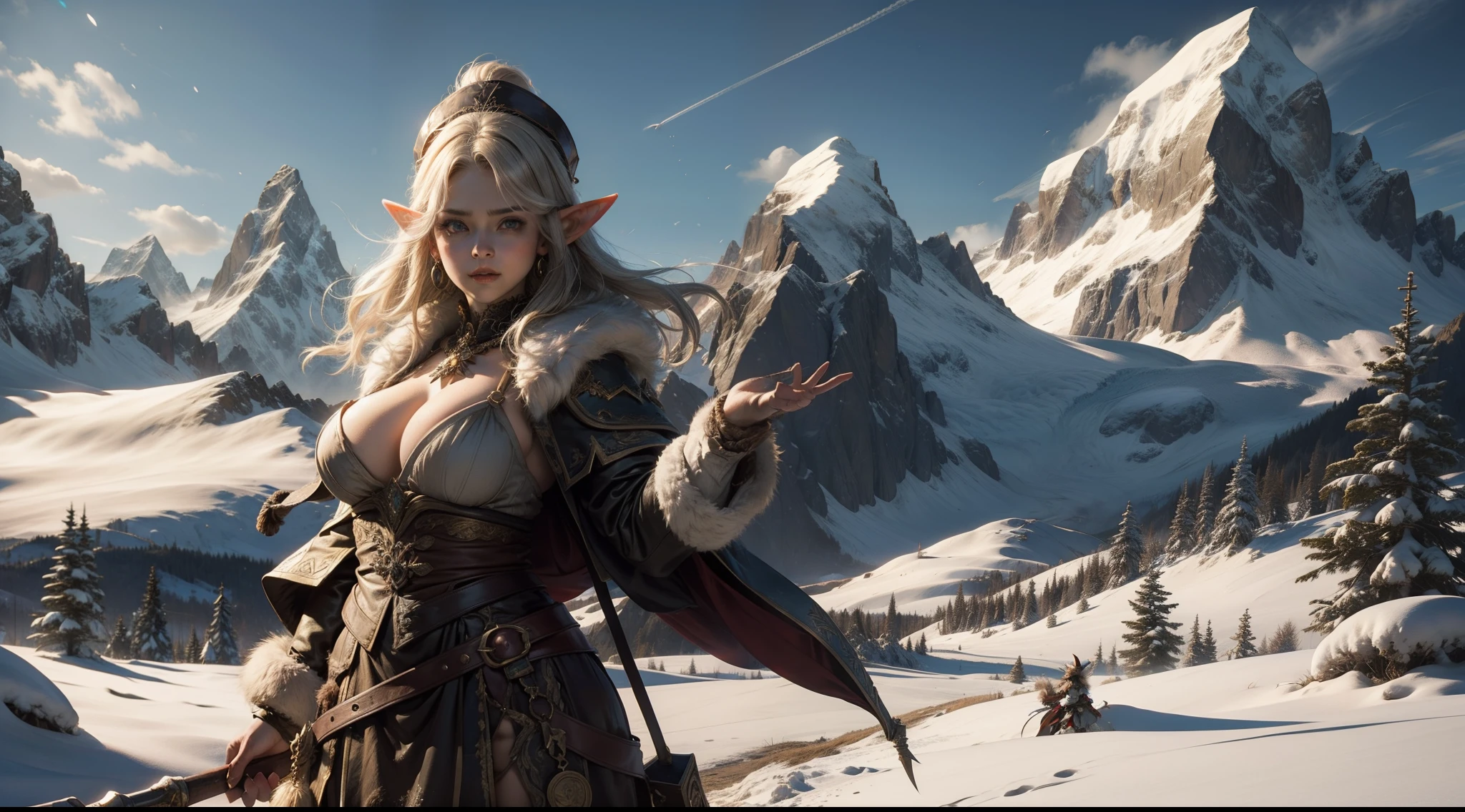 Female elf,Large breasts,upperbody shots,dramatics,dynamicposes,Heavy fur clothes,Snow-capped mountains in the background,magia,Rembrandt light