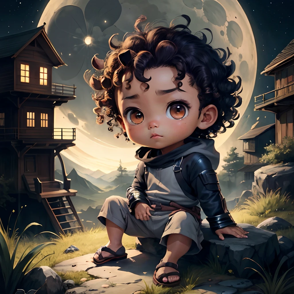 Cute chibi baby boy anime, dark brown skinned, grey ninja clothes, wear sandals, freckle face, moon, curly hair